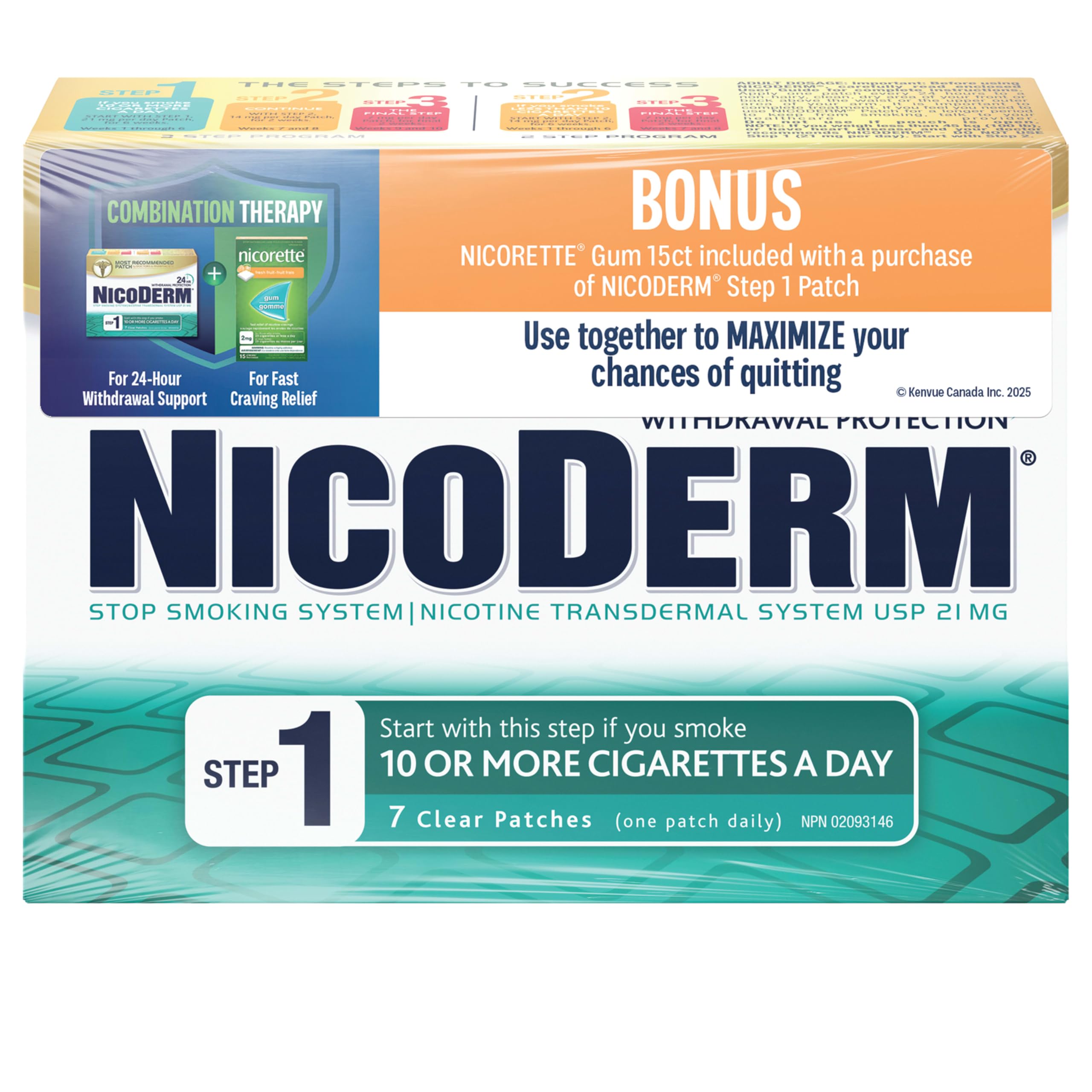 NicoDerm Patches & Nicorette Chewing Gum - Combination Therapy Pack for Quitting Smoking – Fast Relief of Nicotine Cravings – 7 Patches, 15 Gum Pieces 🍁 All In One Marketplace Canada