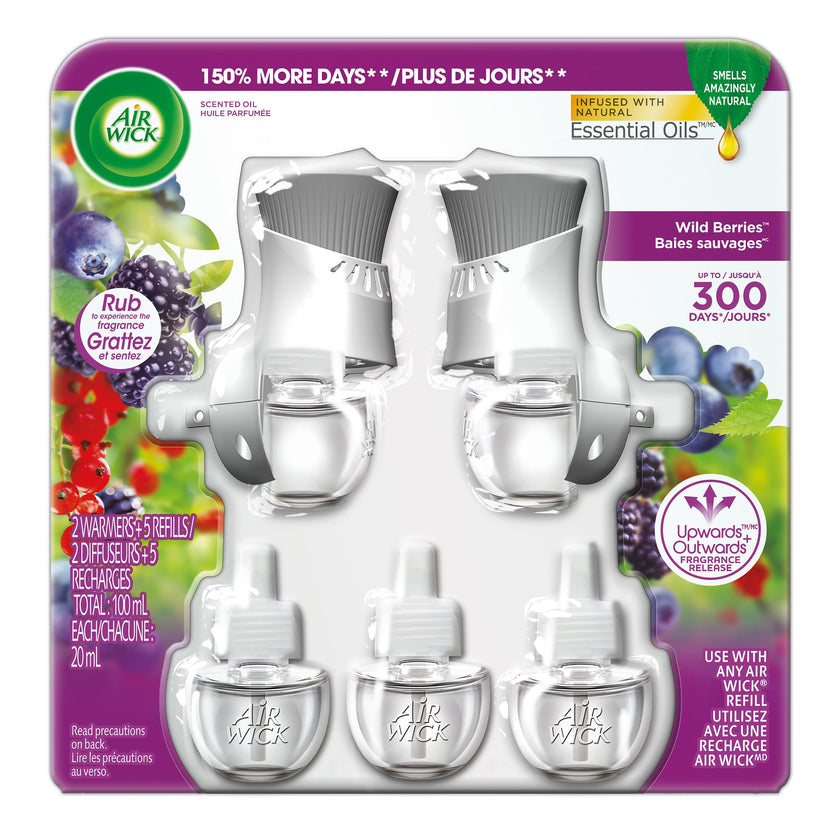 Air Wick Plug In Scented Oil Air Freshener for Home – Infused with Essential Oils, Adjustable Fragrance Control – Wild Berries Scent – Includes 2 Warmers & 5 Refills 🍁 All In One Marketplace Canada