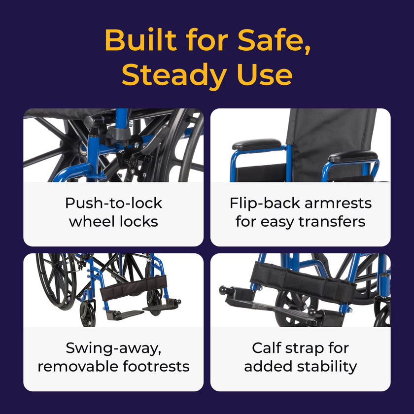 Drive Medical Single Axle Blue Streak Wheelchair, Flip Back Desk Arm, Swing Away Footrests, 18