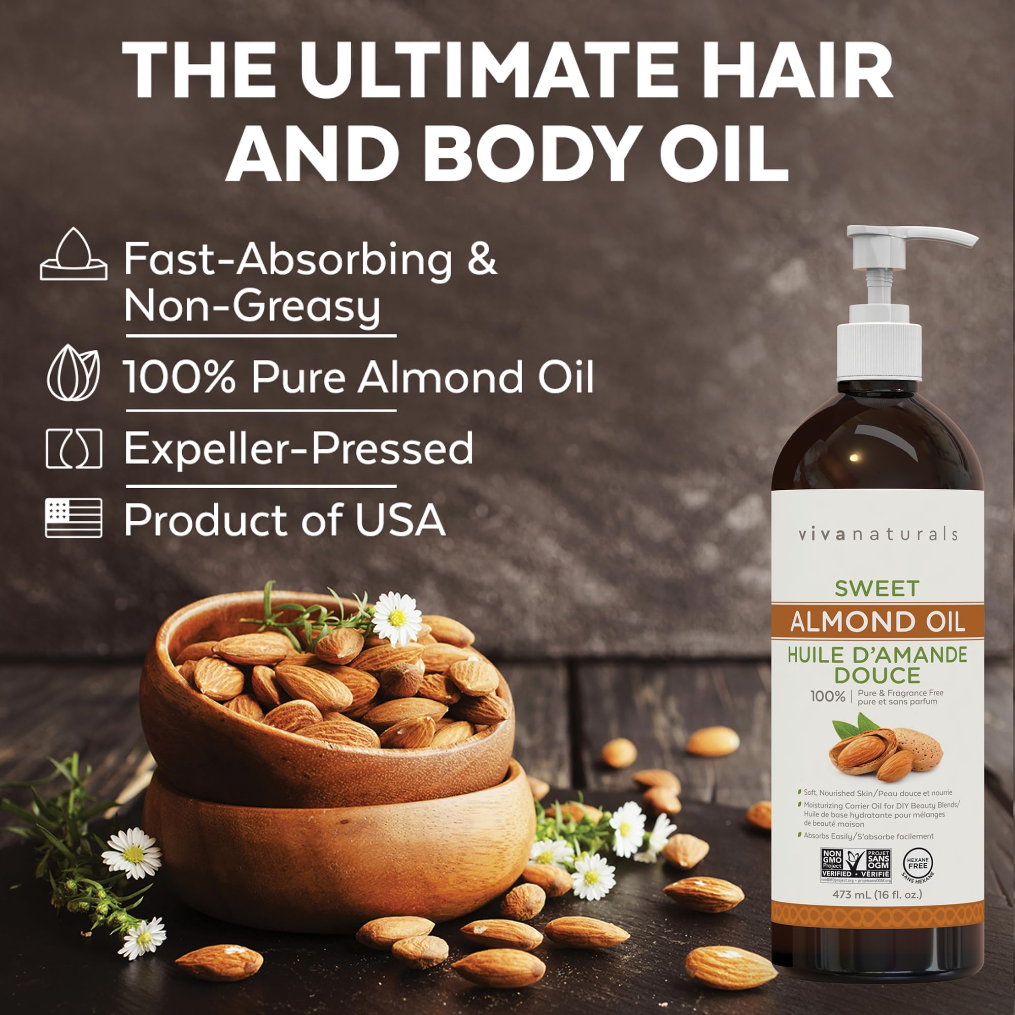 Viva Naturals Sweet Almond Oil – Almond Oil for Skin, Hair & Face, Body Oil After Shower, Body Oil for Dry Skin, Carrier Oil for Essential Oils & Almond Hair Oil, 16 fl oz 🍁 All In One Marketplace Canada