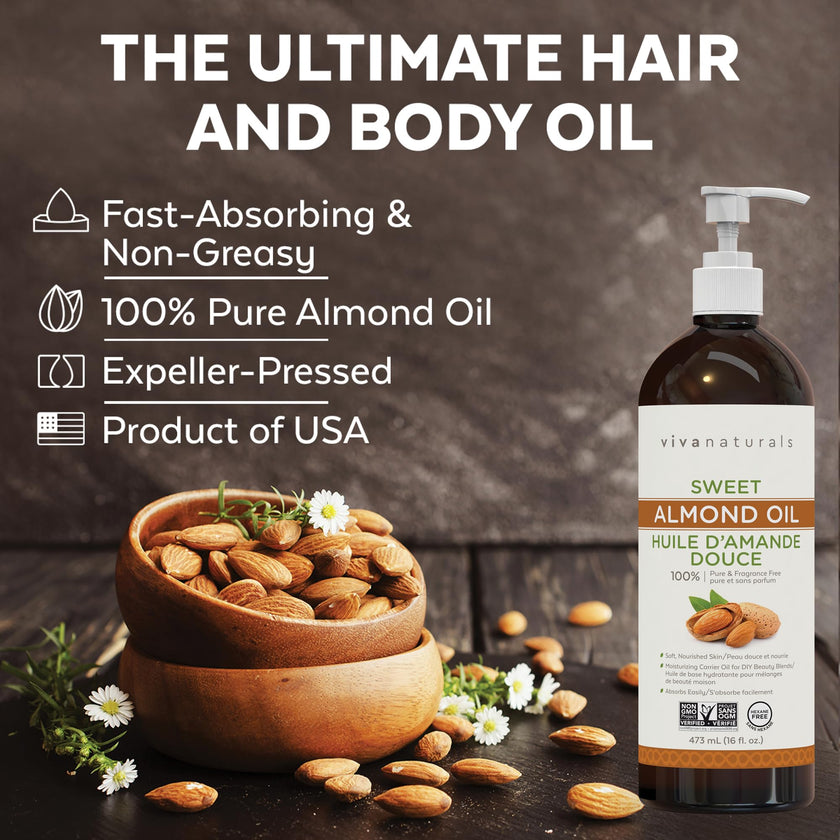 Viva Naturals Sweet Almond Oil – Almond Oil for Skin, Hair & Face, Body Oil After Shower, Body Oil for Dry Skin, Carrier Oil for Essential Oils & Almond Hair Oil, 16 fl oz 🍁 All In One Marketplace Canada