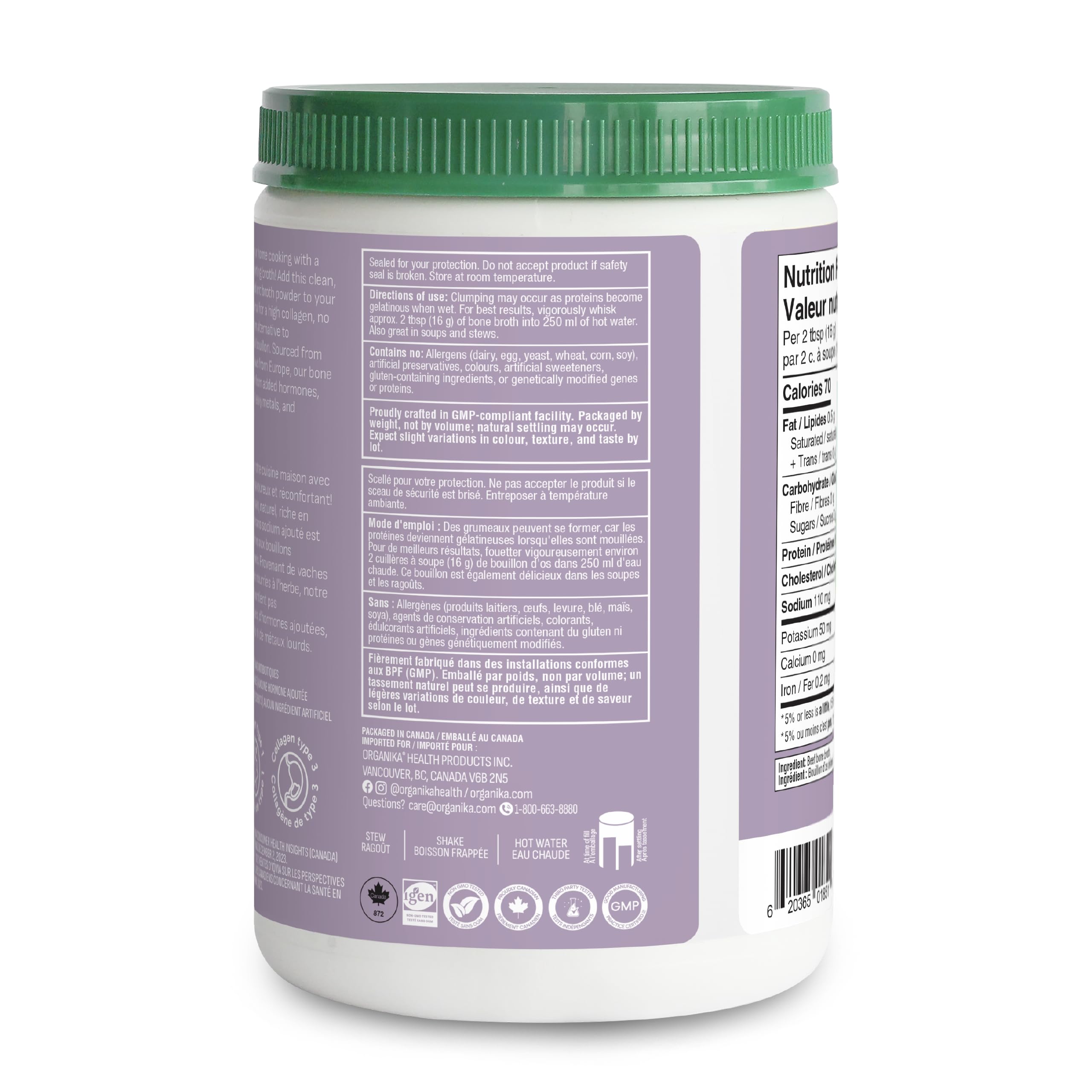 Organika Canadian-Made Beef Bone Broth Powder - Protein and Collagen Rich Bone Broth with Glucosamine and hyaluronic acid, from Grass-Fed Cattle whilst being Gluten and Dairy Free, Keto Friendly 300g 🍁 All In One Marketplace Canada