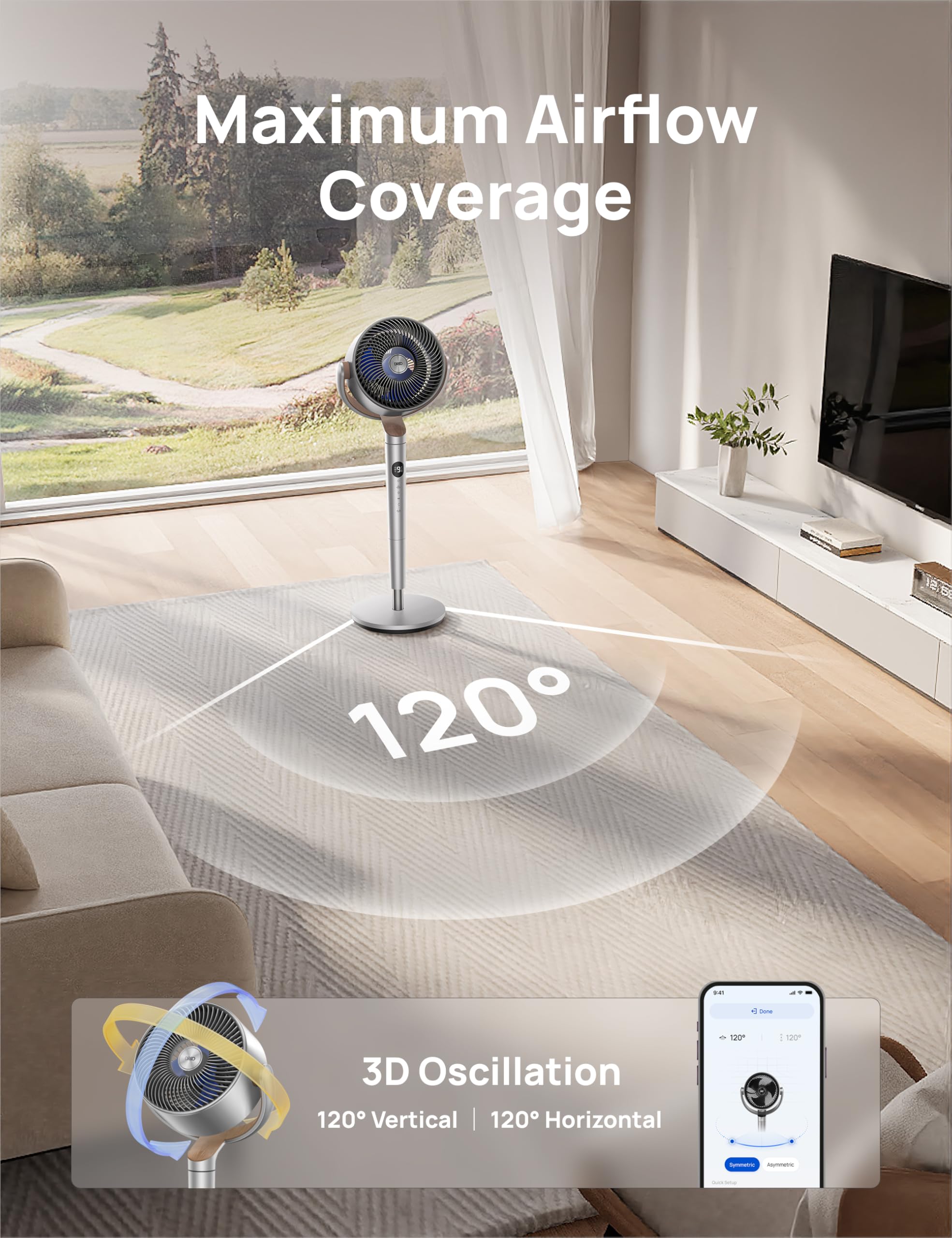 DREO Smart Fans for Bedroom, 120° +120° Omni-Directional Oscillating Fan, 90ft Quiet Pedestal Fan with RGB Light, 9 Speeds, 6 Modes, 20dB, 8H Timer, Wi-Fi/Voice, 37-42