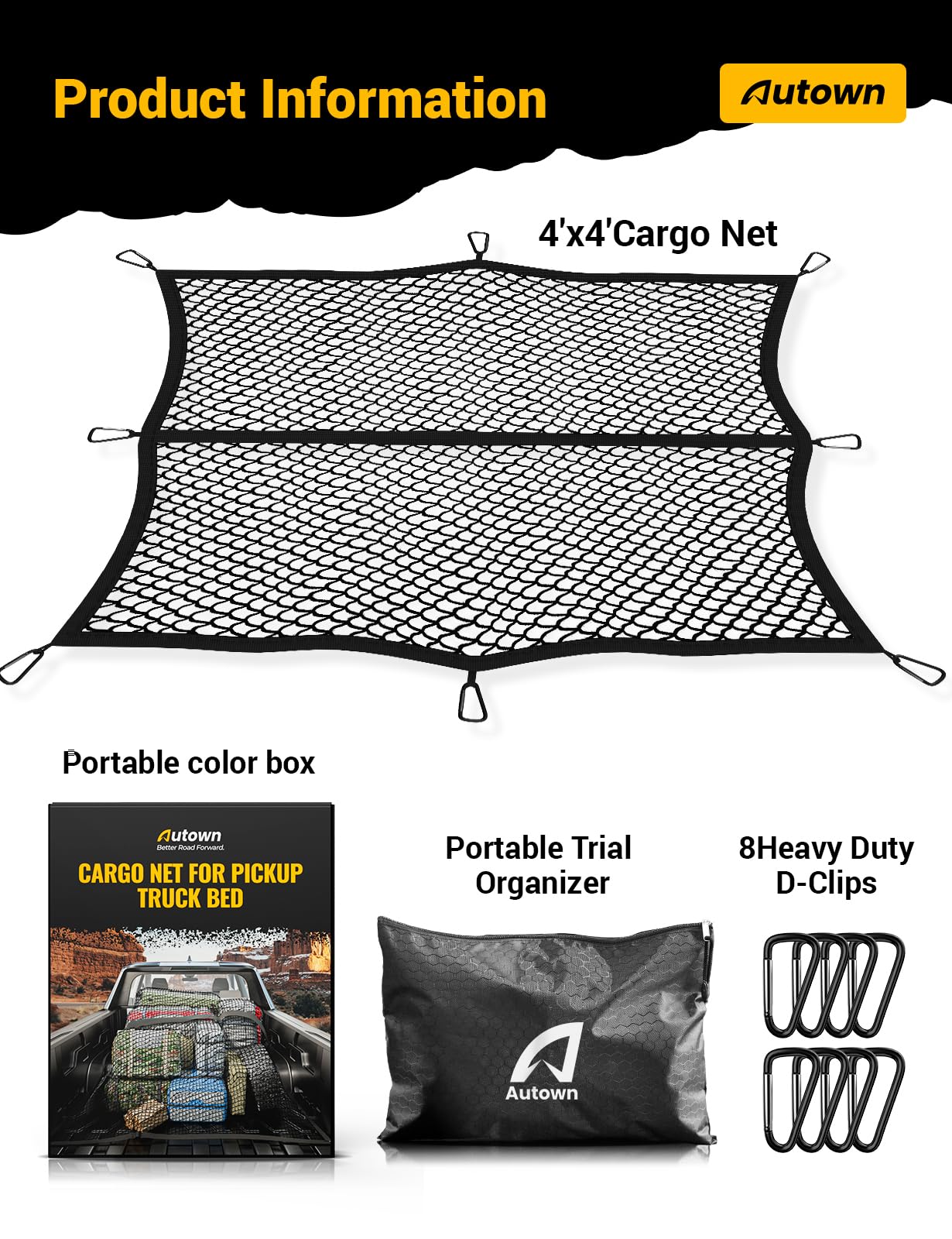 AUTOWN Cargo Net for Pickup Truck Bed - Stretchable 4'x4' to 7'x7', High Elastic Fine Mesh 1''x1'' with 8 Metal Carabiners - Ideal for ATV, SUV, UTV, Truck and Boat Use (Single Layer) 🍁 All In One Marketplace Canada