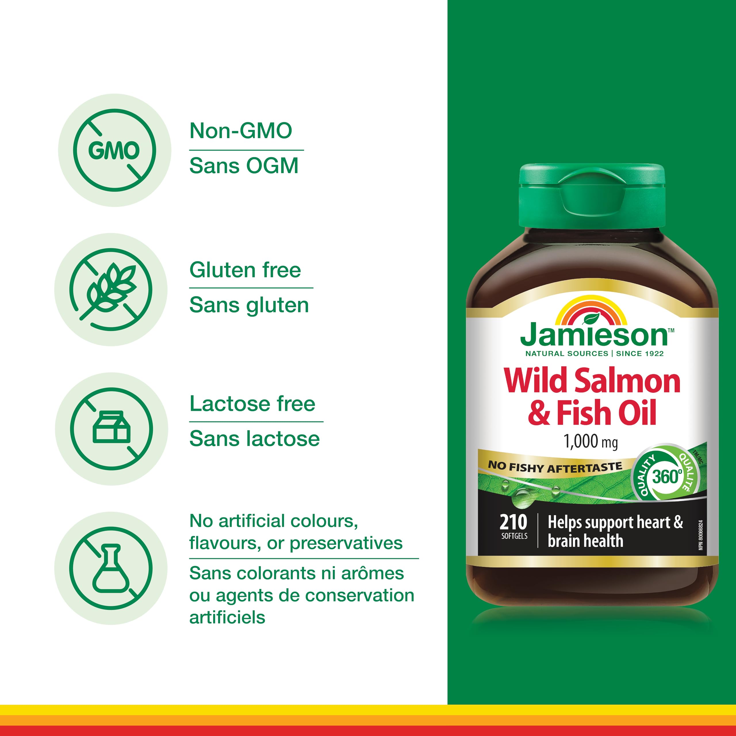 Jamieson Wild Salmon & Fish Oil 1,000 mg, No Fishy Aftertaste, Supports Heart Health and Brain Health. With Wild Alaskan Salmon, EPA, and DHA, Non-GMO, Gluten-Free, Proudly Canadian, 210 Softgels 🍁 All In One Marketplace Canada