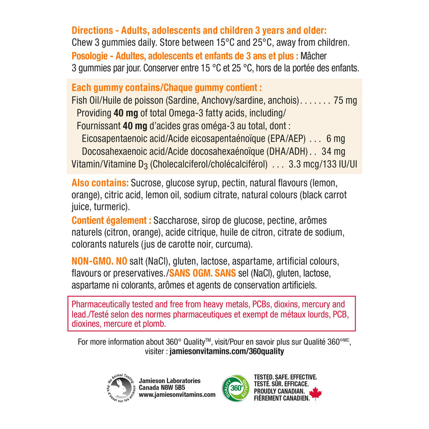 Jamieson Omega-3 Gummy with Vitamin D3, 90 Gummies, Orange and Lemon Flavours, Family Friendly (3+). Supports Brain Health and Immune Health, Non-GMO No Artificial Colours, Flavours, or Preservatives 🍁 All In One Marketplace Canada