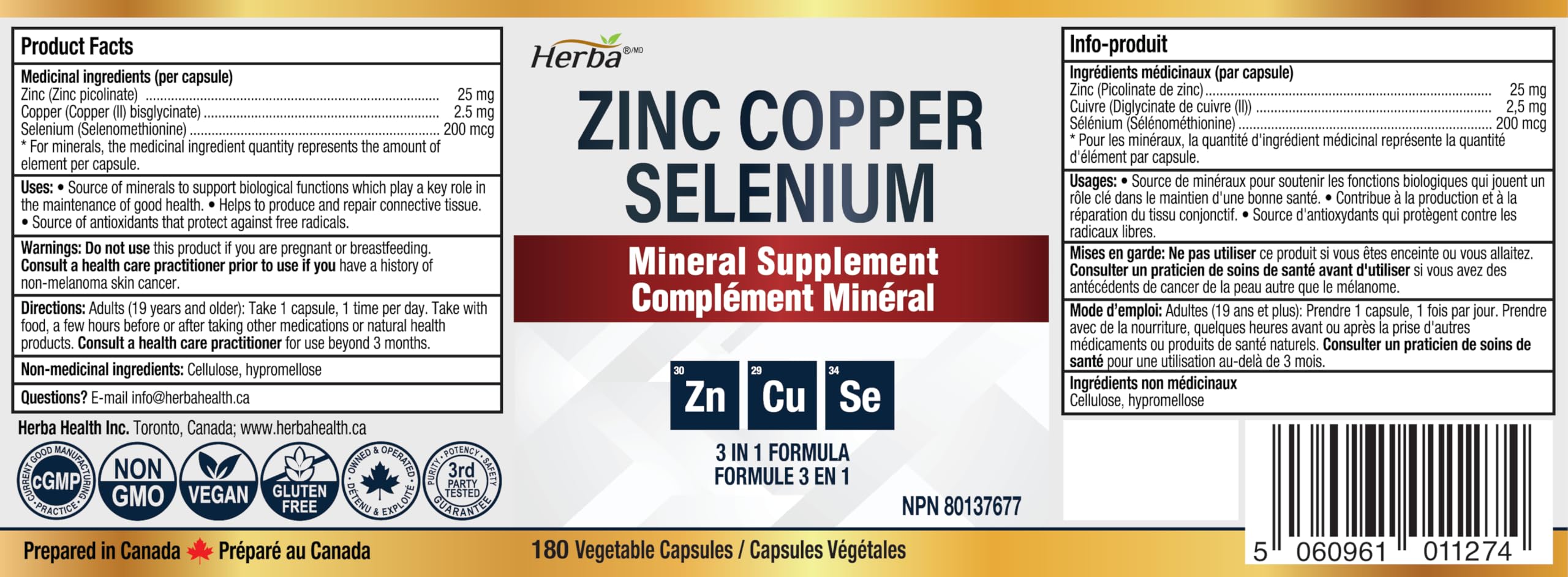 Herba Zinc Picolinate 25mg with Copper and Selenium - 180 Capsules | 3 in 1 Mineral Supplement | Selenium Zinc Copper Supplement | 6 Months Supply | Immune Support | Made in Canada 🍁 All In One Marketplace Canada