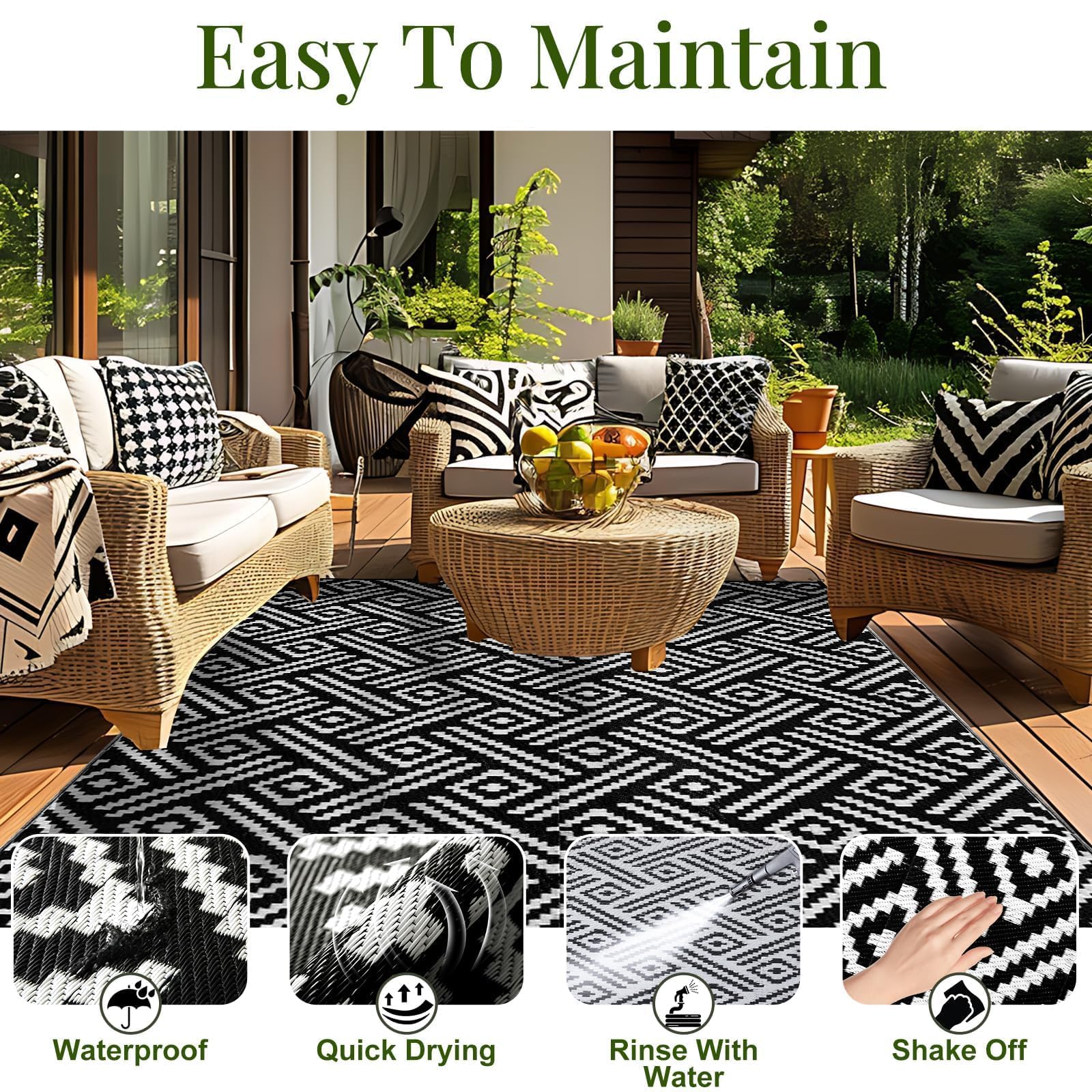 OPPODREAM Outdoor Rug 5x7 Ft, Waterproof Outdoor Plastic Straw Rug for Patio, Reversible Out Door Carpet for Camping, Deck, Rv, 5 x 7 Area Carpet Balcony, Porch, Backyard, Black and White 🍁 All In One Marketplace Canada