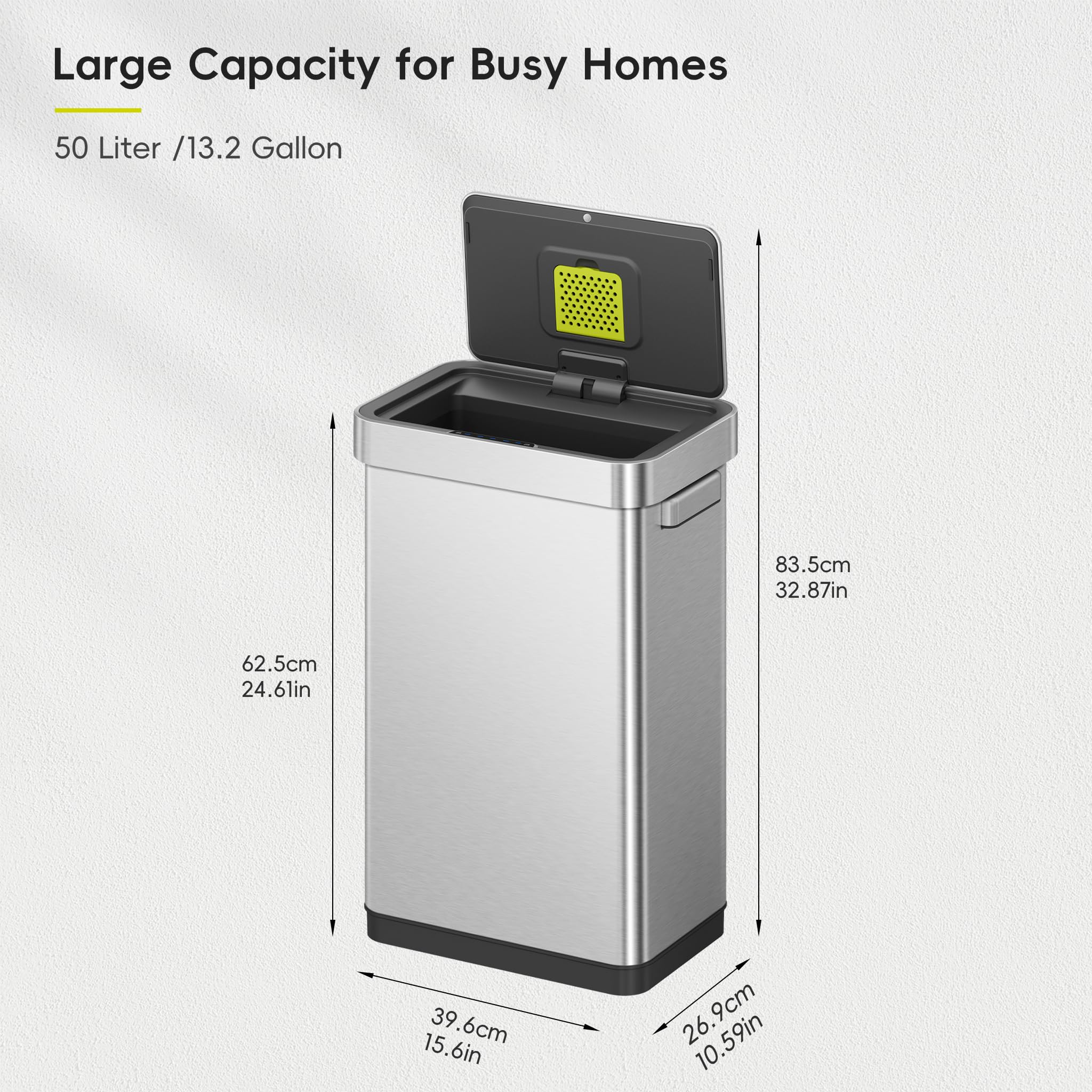 EKO Deluxe Mirage-T 50 Liter / 13.2 Gallon Touchless Rectangular Motion Sensor Trash Can, Matte Stainless Steel Finish 🍁 All In One Marketplace Canada