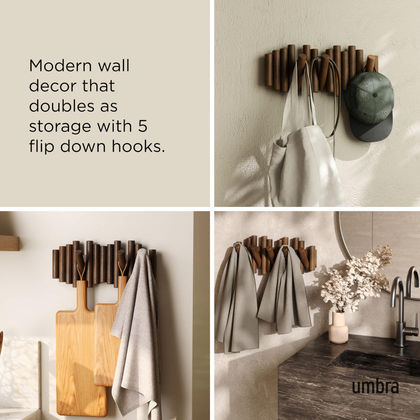 Umbra Picket Wall-Mounted Coat Rack Rail Hook with 5 Retractable Wood Pegs – Modern, Space-Saving Storage Organizer, Walnut 🍁 All In One Marketplace Canada