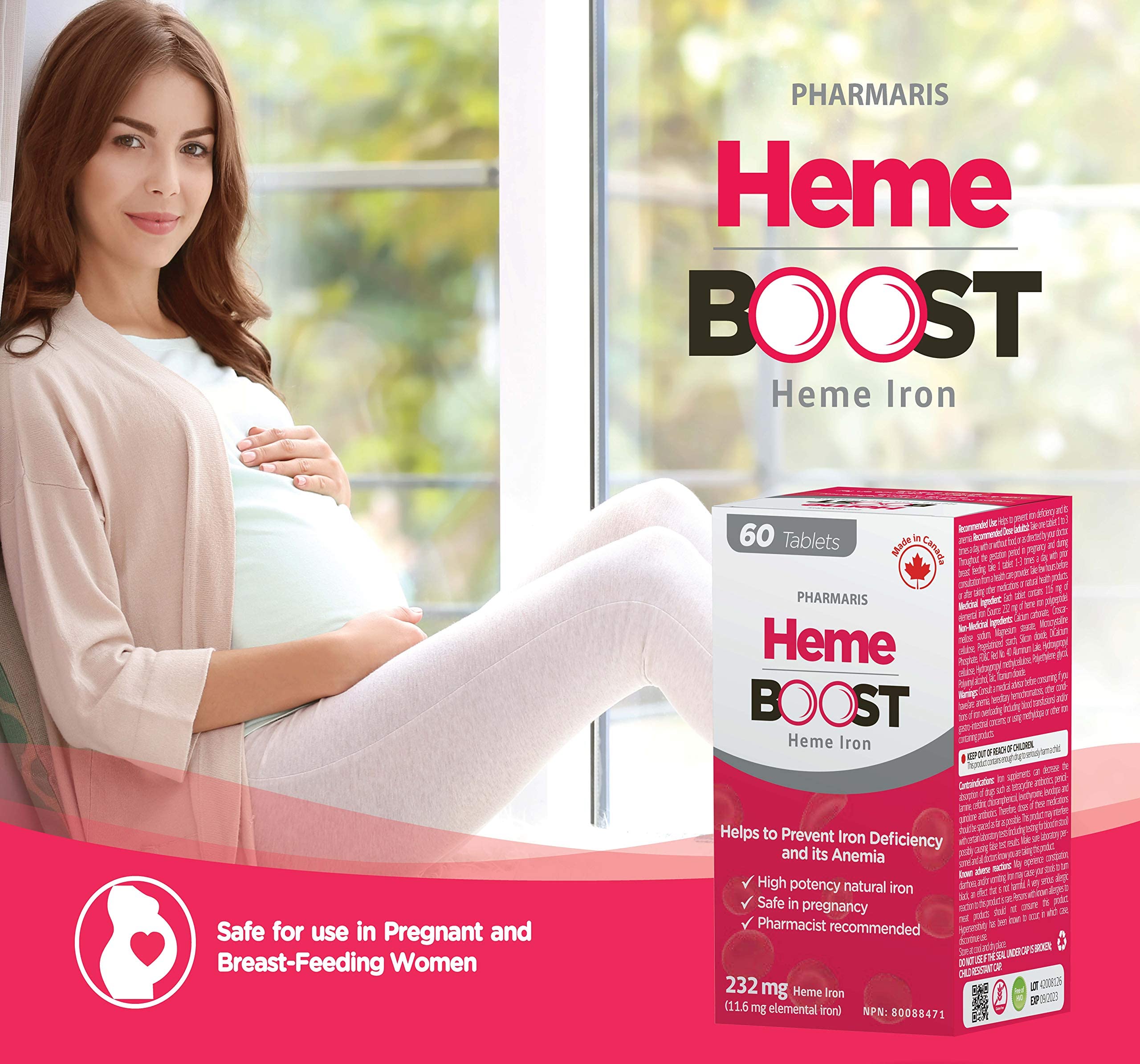 Hemeboost 232mg Heme Iron Supplements Polypeptide, (11.6mg Elemental Iron), Prevents Iron Deficiency & Anemia, Better Absorption, Well-Tolerated, Safe for Pregnancy, 60 Tablets 🍁 All In One Marketplace Canada