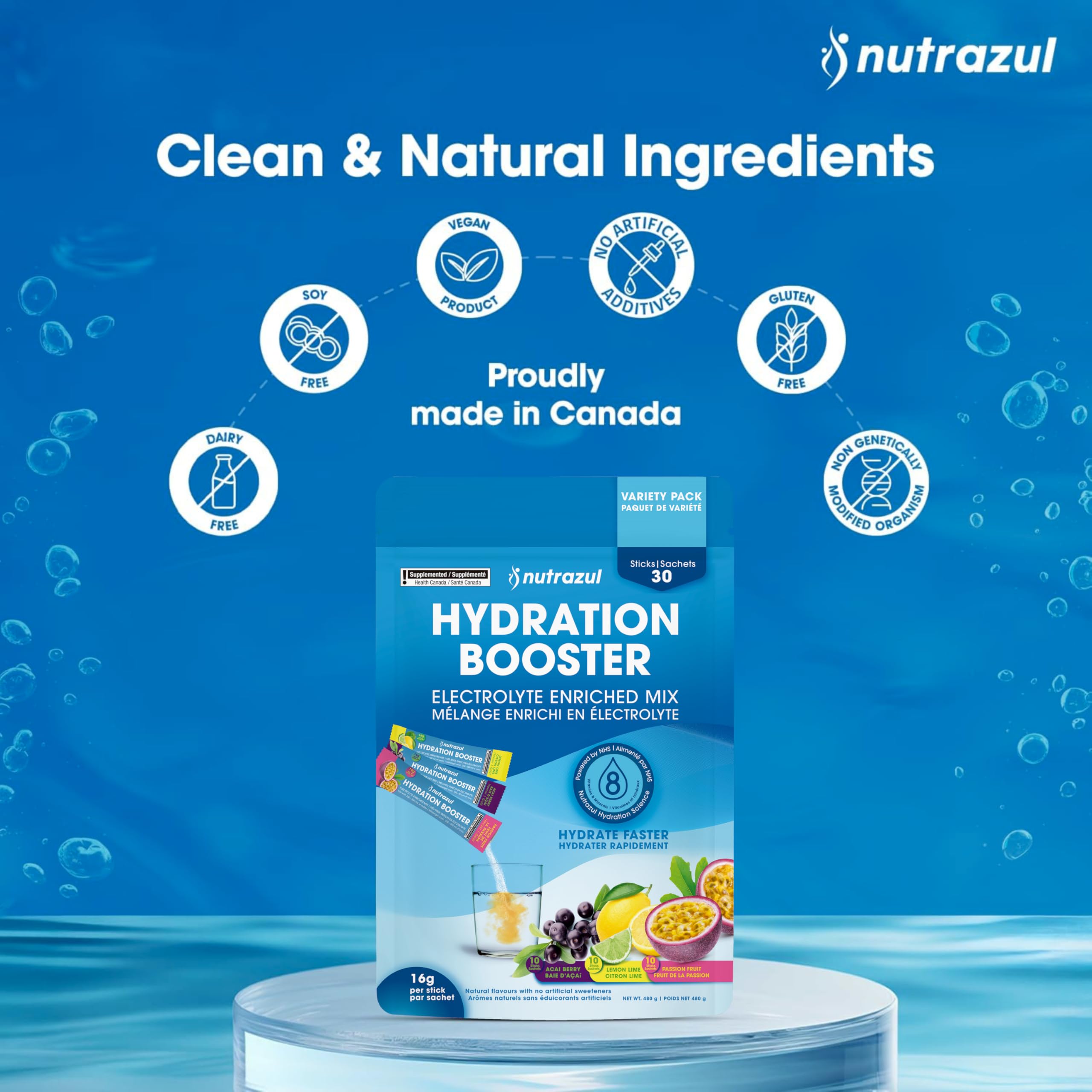 Nutrazul Hydration Booster, Electrolytes Powder Sticks with Sodium, Potassium, Vitamin B6 & B12, No Artificial Sweeteners, Acai Berry, Lemon Lime, Passion Fruit Flavour, 30 Sticks 🍁 All In One Marketplace Canada