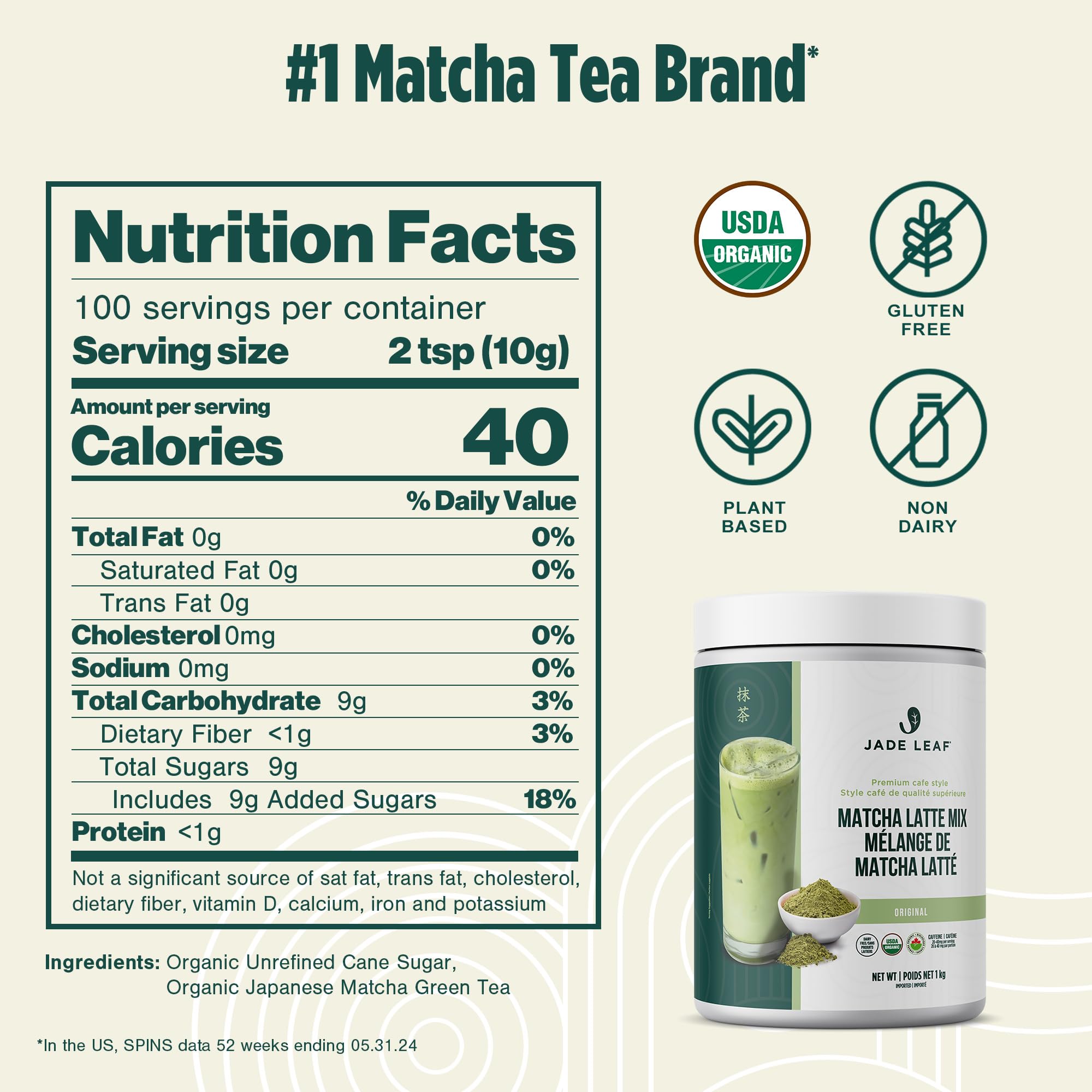 Jade Leaf Matcha Organic Matcha Latte Mix - Lightly Sweet Japanese Matcha Green Tea Powder with Organic Cane Sugar for Café Style Blend, 100 Servings (1kg Tub) 🍁 All In One Marketplace Canada