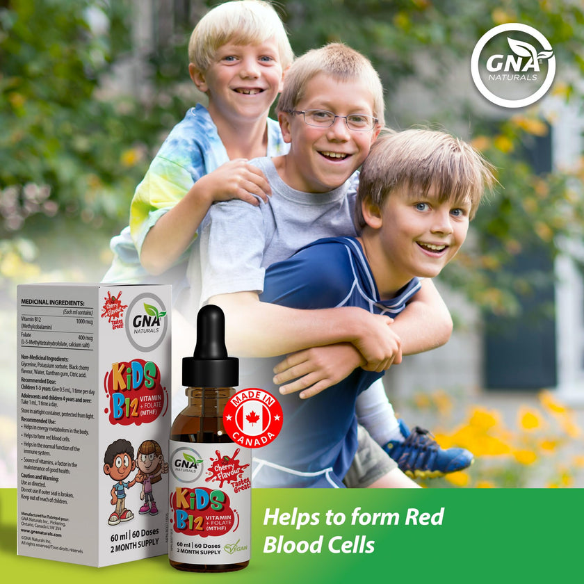 GNA Naturals Kids Vitamin B12 with Folate Supplement, 60ml - VitaminB12 Methylcobalamin 1000 mcg - Liquid Drops for Kids - Cherry Flavour- Methyl B12 Folate Supplement - Vitamin-B12-Complex – Vegan – For energy, metabolism and supports memory– Made in Can