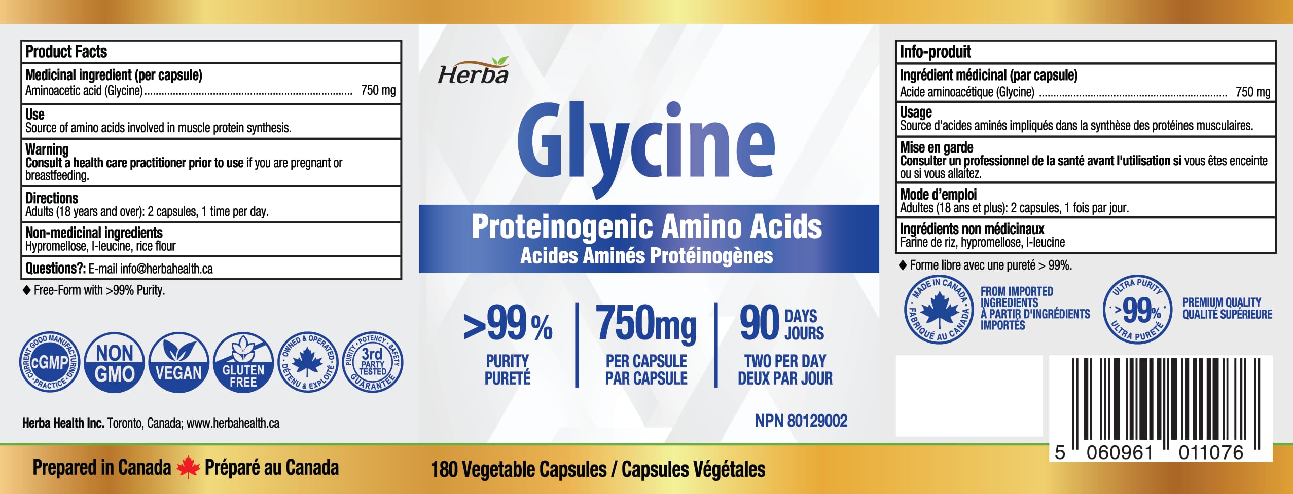 Herba Glycine Supplement 750mg - 180 Capsules | >99% Ultra Pure Glycine Capsules | Free-form Proteinogenic Amino Acids Supplements | Made in Canada 🍁 All In One Marketplace Canada