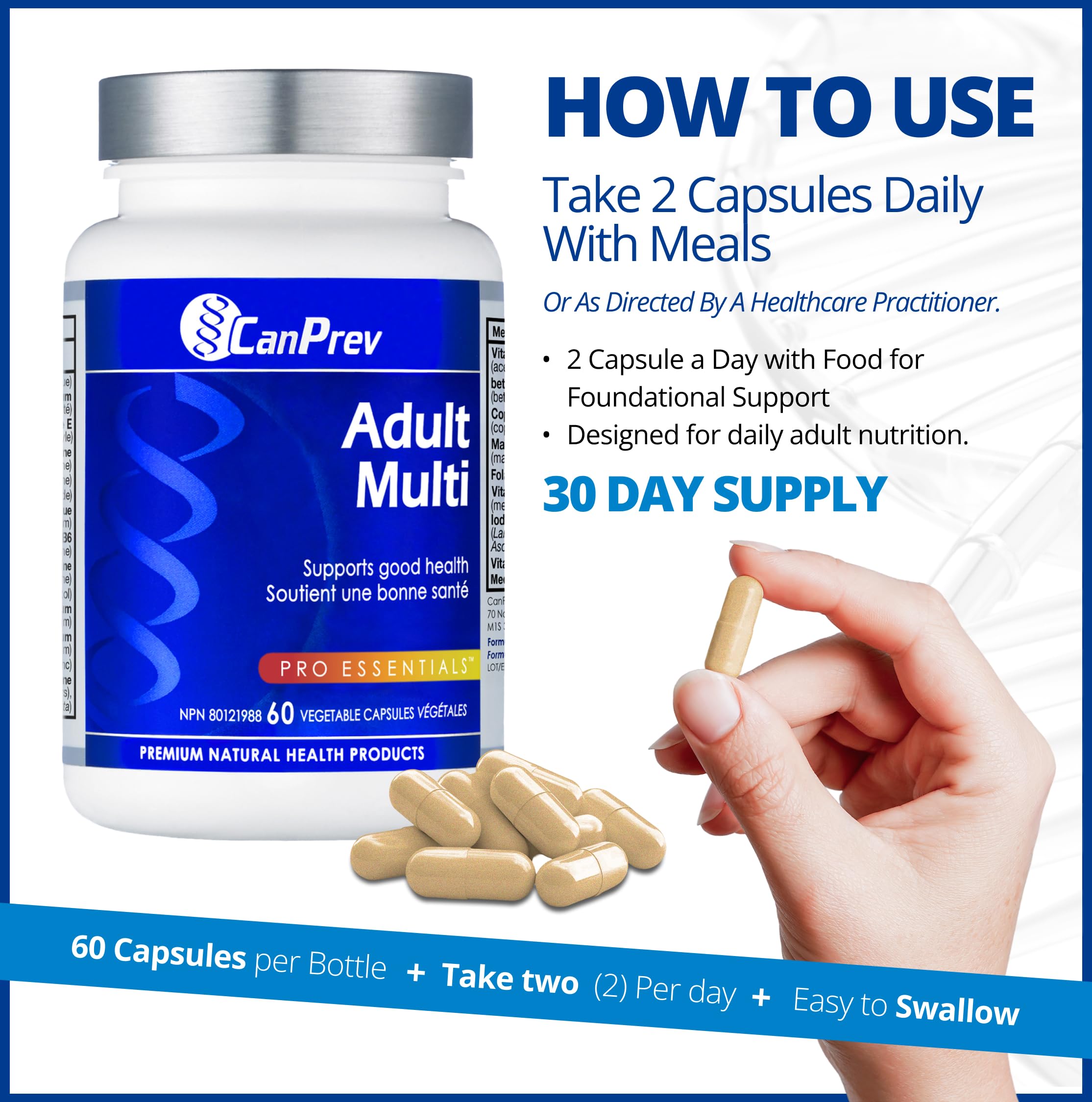 CanPrev Adult Multi, 60 V-Caps 30-Day Supply - Non-GMO and Gluten-Free - High-Potency Multivitamin and Multi-Mineral Formula - Iron-Free - Easy to Digest - Complete Daily Vitamins and Minerals 🍁 All In One Marketplace Canada