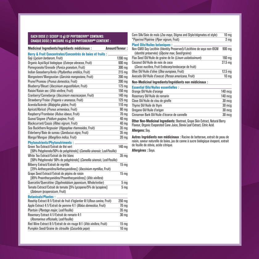 Progressive PhytoBerry Antioxidant Superfood Powder Natural Berry Flavour, Canadian-Made with 40 Fruit Concentrates, Phytonutrients, and Plant Oils for Complete Free-Radical Defence, Vegan, Gluten-Free, and All Natural, 900 g
