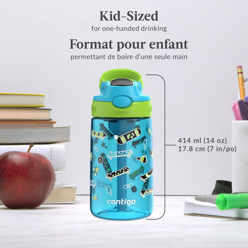 Contigo Kids Aubrey Straw Water Bottle with Leak-Proof Lid, BPA-Free Plastic, Dishwasher Safe, Blue Raspberry Lime Skater, 14 oz (414 mL) 🍁 All In One Marketplace Canada