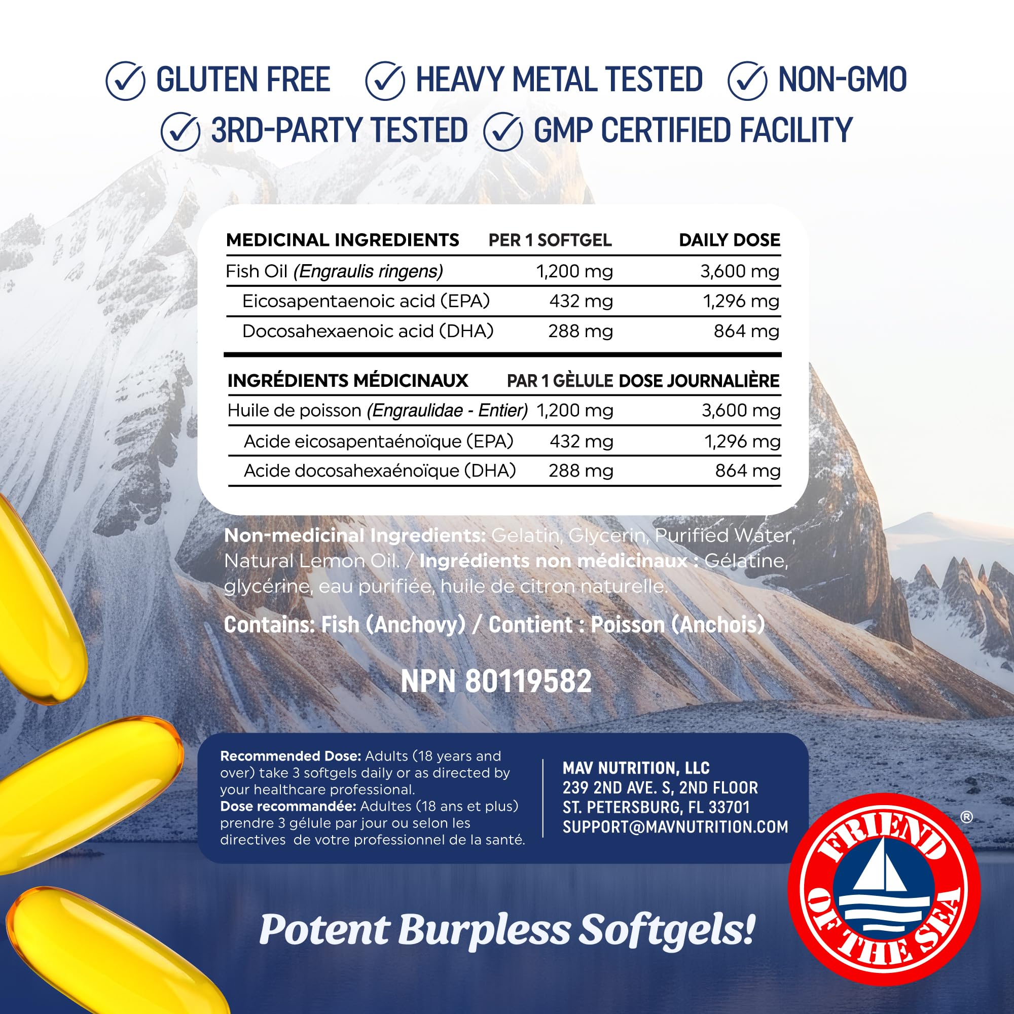 Triple Strength Omega 3 Fish Oil | 120 Softgels | 3600 mg Fish Oil | Over 2100mg of Omega-3 Fatty Acids | Heart and Cognitive Support | 1300mg EPA + 860mg DHA | Wild Caught & Burpless | 120 Ct 🍁 All In One Marketplace Canada
