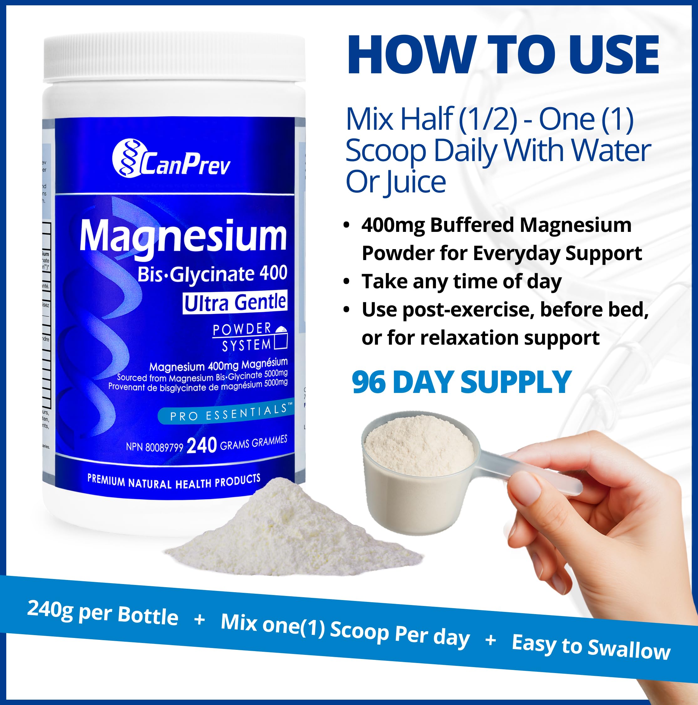 CanPrev Magnesium Bisglycinate Ultra Gentle 240g Powder 48-Servings - 400mg of Pure Elemental Magnesium Per Scoop - Chelated Complex - Muscle Health, Calm, Relaxation, Bone Health and Cramp Relief 🍁 All In One Marketplace Canada