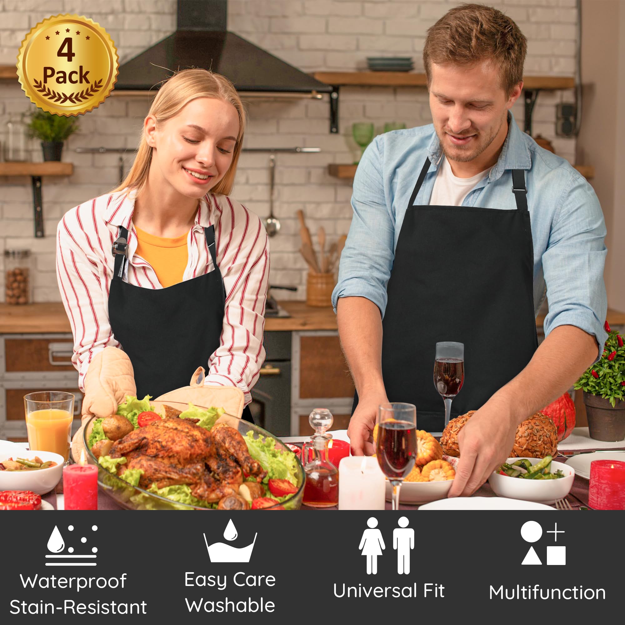 4 Packs Chef Apron, Black Waterproof Apron, Adjustable Apron with 2 Pockets for Men Women, Professional Apron for Kitchen Cooking Gardening Painting Baking Restaurant (Black) 🍁 All In One Marketplace Canada