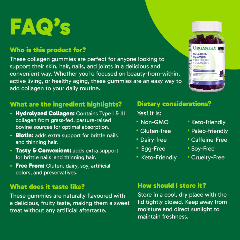Organika Collagen Gummies with Biotin – 2500 mg Collagen Peptides Per Serving for Skin, Hair and Joint Health – Blueberry Bliss Flavour, Easy to Take – 90 Gummies 🍁 All In One Marketplace Canada