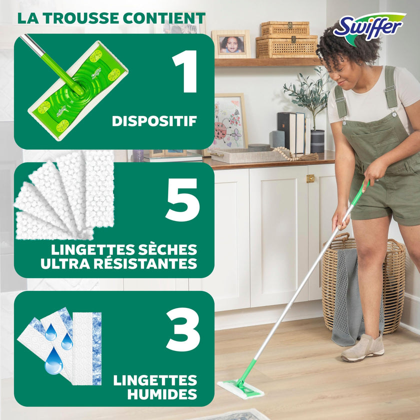 Swiffer Sweep + Mop, Broom & Mop Alternative, Dry & Wet Floor Cleaner for Dirt, Dust, Hair, All Purpose Cleaning Tool for Home, Bathroom, Kitchen, Set Includes 1 Sweeper, 14 Dry Pads, 5 Wet Pads Fresh 🍁 All In One Marketplace Canada
