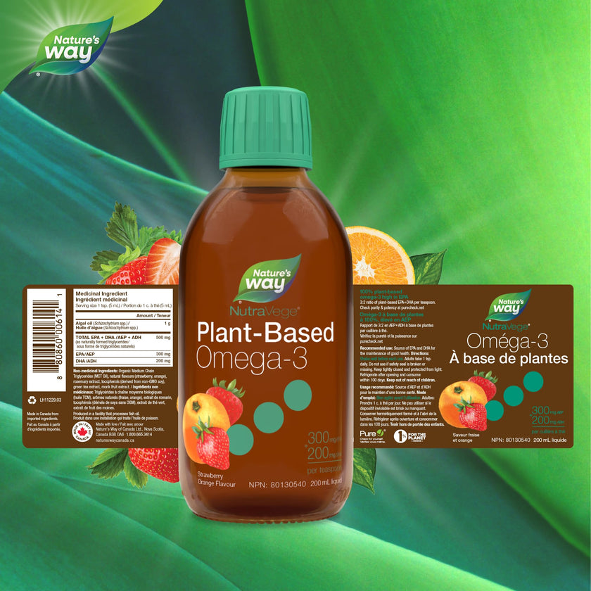 Nature's Way NutraVege Plant-Based Omega-3 – Vegetarian Liquid Omega-3 Supplement with 150mg EPA + 300mg DHA - Strawberry Orange Flavour – Support Heart, Eyes and Brain Function in Adults, 200ml 🍁 All In One Marketplace Canada