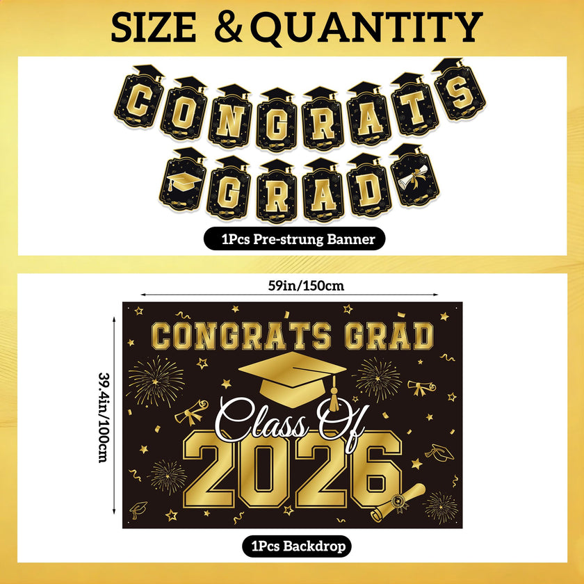 Graduation Decorations 2026 Black Gold 35PCS, Pre-Strung Congrats Grad Banner, Class of 2026 Backdrop, Balloons, Hanging Swirls, Graduation Party Decorations,PRE-ASSEMBLED 🍁 All In One Marketplace Canada