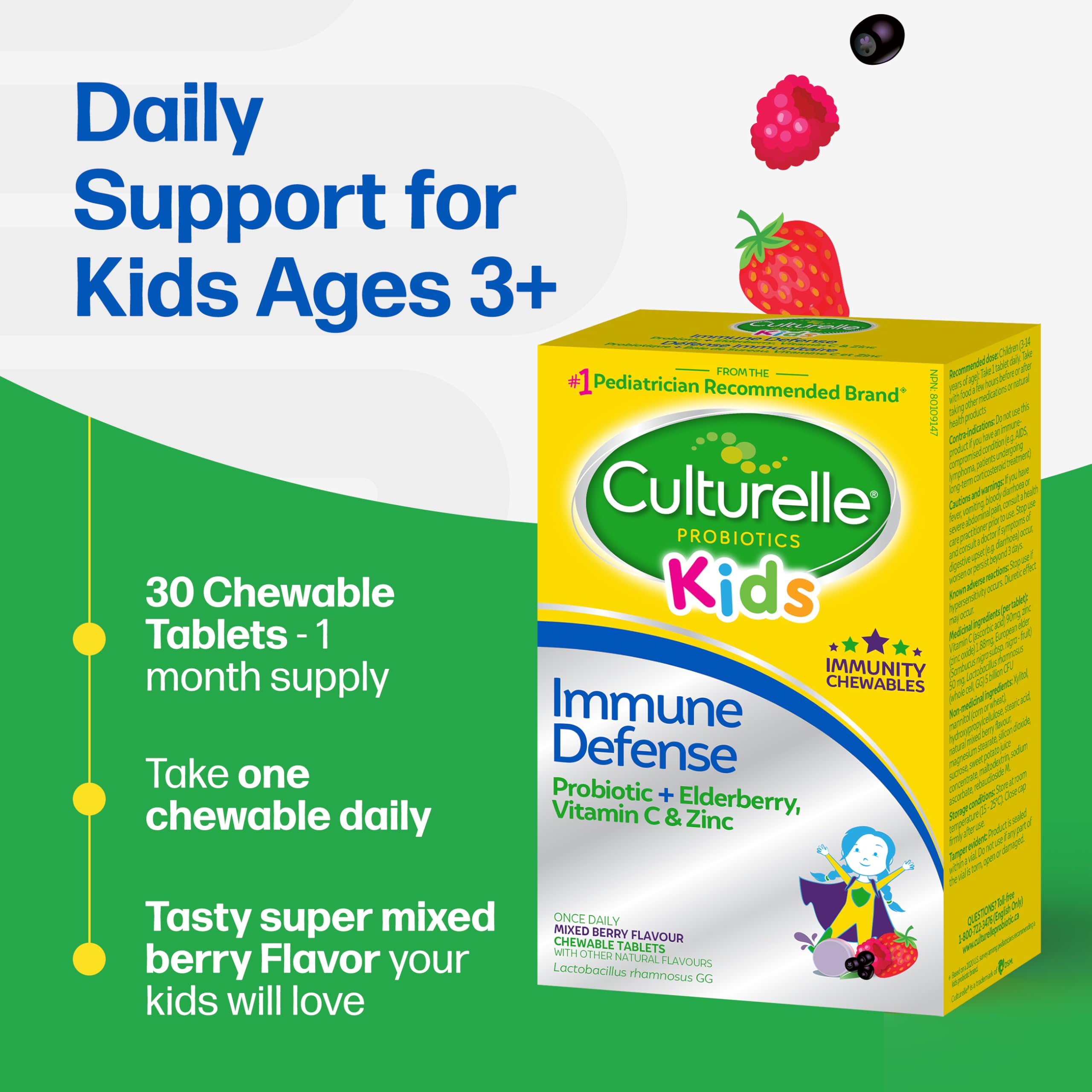 Culturelle Kids Immune Defense, Probiotic + Elderberry, Vitamin C and Zinc, Immune Support for Kids, Mixed Berry Chewables, 30 count 🍁 All In One Marketplace Canada
