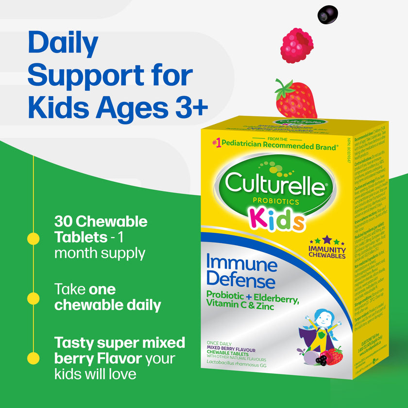Culturelle Kids Immune Defense, Probiotic + Elderberry, Vitamin C and Zinc, Immune Support for Kids, Mixed Berry Chewables, 30 count 🍁 All In One Marketplace Canada