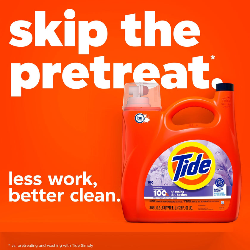 Tide Liquid Laundry Detergent, Iris Bouquet Scent, 100 Loads, Boosted Clean even in cold water, laundry soap, concentrated liquid detergent, 3.69 L 🍁 All In One Marketplace Canada