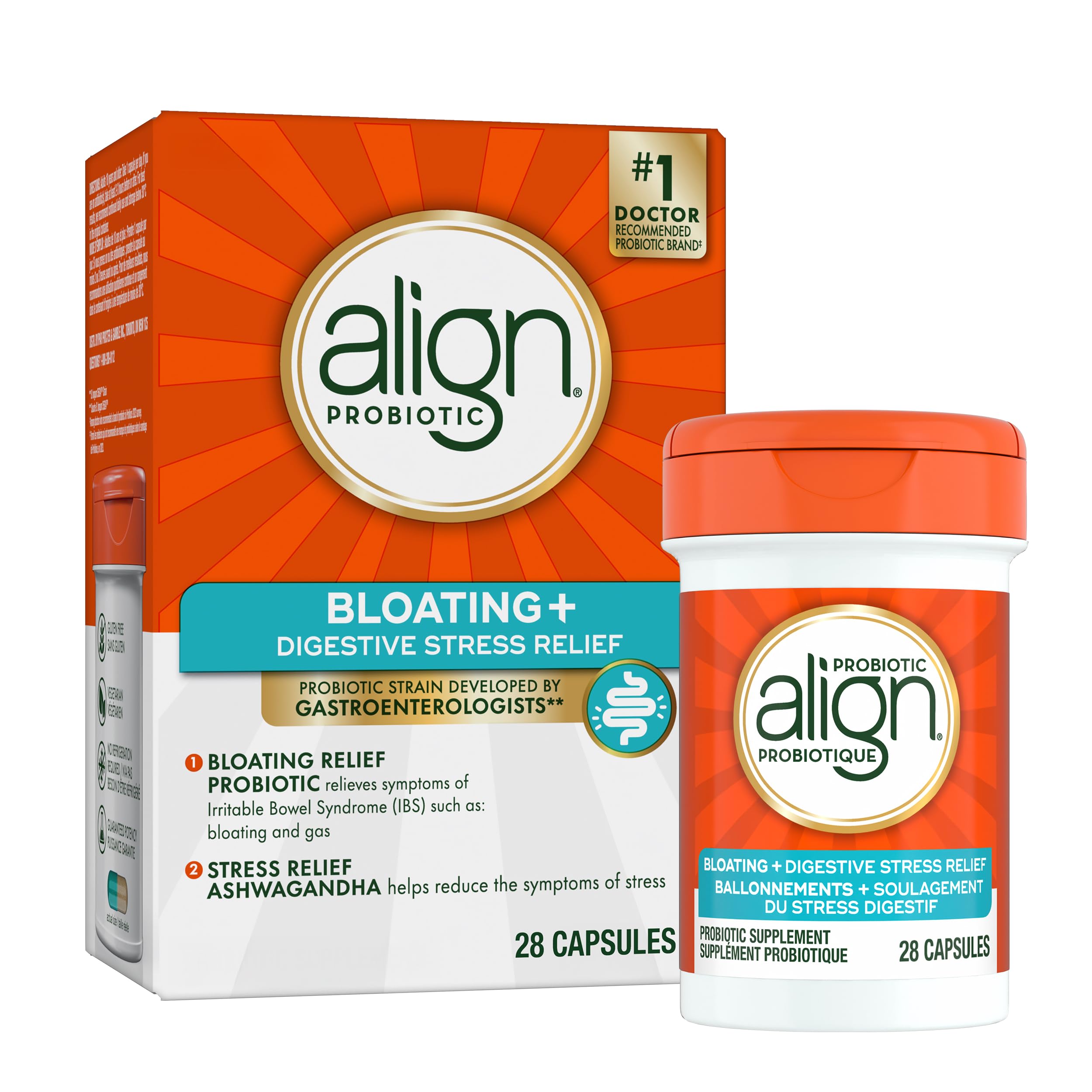 Align Probiotic, Bloating + Digestive Stress Relief, Probiotic for Women and Men with Ashwagandha, Helps Relieve Symptoms of IBS such as Bloating, Gas, and Abdominal Discomfort, 28 Capsules 🍁 All In One Marketplace Canada
