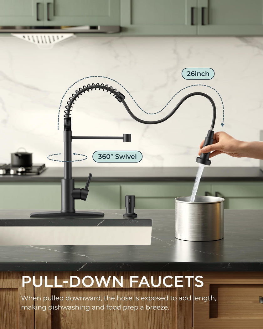 FORIOUS Black Kitchen Faucet with Pull Down Sprayer, Stainless Steel Single Handle Spring Classic Sink Faucets 1 or 3 Hole, for Farmhouse Camper Laundry Rv Bar, Matte Black 🍁 All In One Marketplace Canada