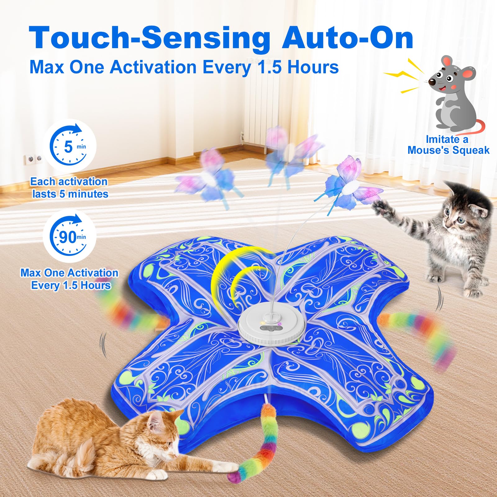 Qraxond Interactive Cat Toys for Indoor Cats,[Newly Upgraded] Rechargeable Touch Activated Hide and Seek Kitten Toy with Fluttering (Blue Cover Cloth Toy) 🍁 All In One Marketplace Canada