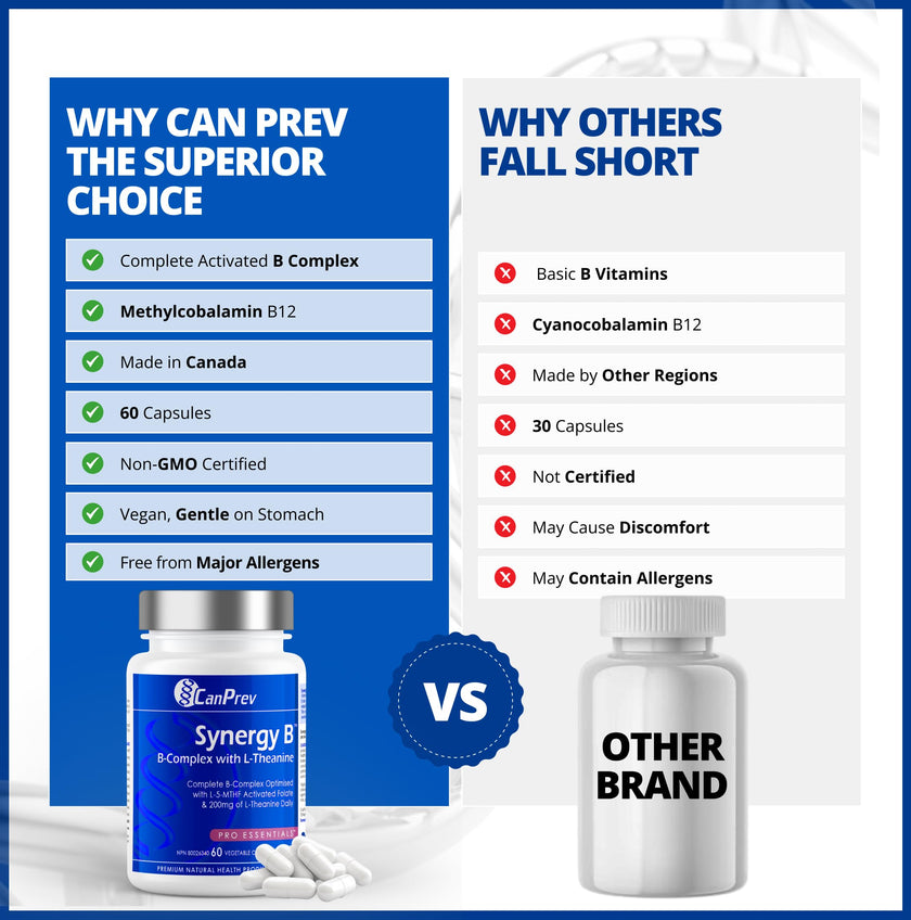 CanPrev Synergy B Complex 60 V-Caps 30-Day Supply - Vitamin B Supplement with L-Theanine 200mg - Complete B Complex Optimized with L-5-MTHF Activated Folate & Spirulina - Vegan, Non-GMO & Gluten-Free 🍁 All In One Marketplace Canada