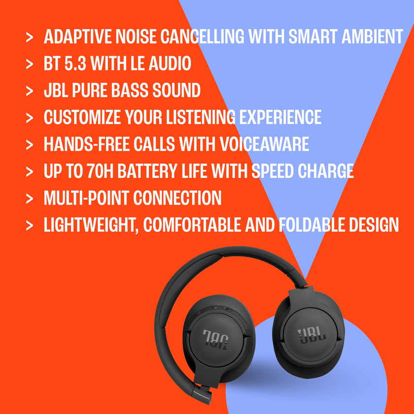 JBL Tune 770NC - Adaptive Noise Cancelling with Smart Ambient Wireless Over-Ear Headphones, Bluetooth 5.3, Up to 70H Battery Life with Speed Charge, Lightweight, Comfortable & Foldable Design (Black) 🍁 All In One Marketplace Canada