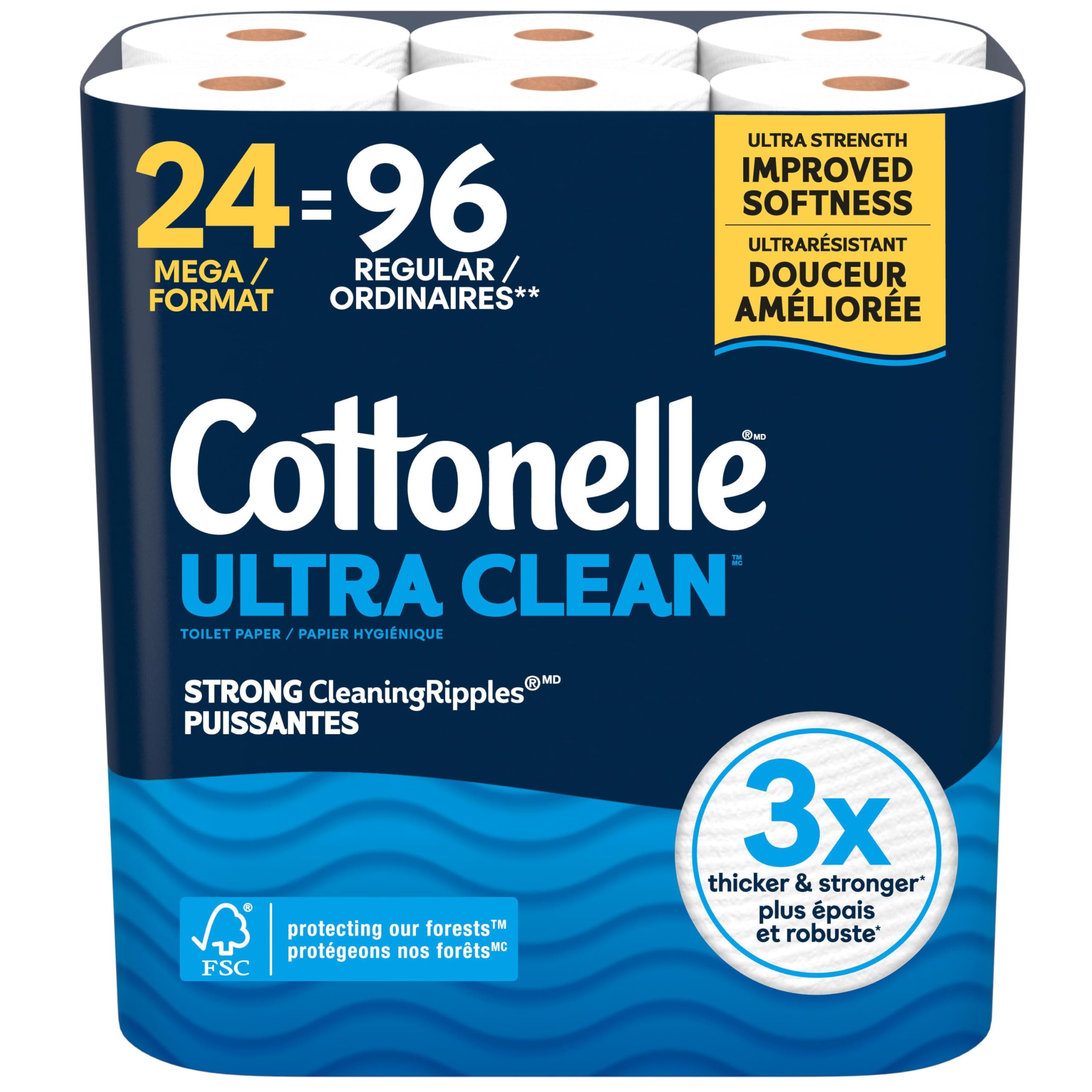 Cottonelle Toilet Paper, 24 Mega Rolls = 96 Regular Rolls, Ultra Clean, Strong Bathroom Tissue, 284 Sheets per Roll, Packaging May Vary 🍁 All In One Marketplace Canada