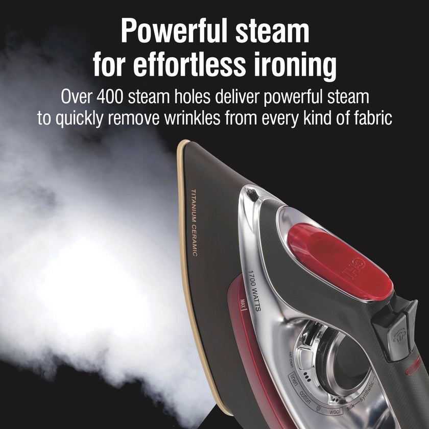 CHI Steam Iron for Clothes with 8’ Retractable Cord, 1700 Watts, 3-Way Auto Shutoff, 400+ Holes, Professional Grade, Temperature Control Dial, Titanium Infused Ceramic Soleplate, Silver (13106) 🍁 All In One Marketplace Canada