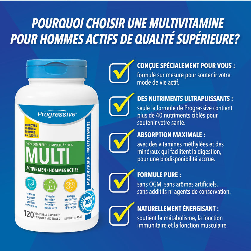 Progressive Advanced Daily Multivitamin for Active Men, with Quercetin, Maca, Ashwagandha, and Siberian Ginseng. Supports Immune Health, Muscle Function, and Energy, 100% Complete, Canadian-Made 120 Count 🍁 All In One Marketplace Canada