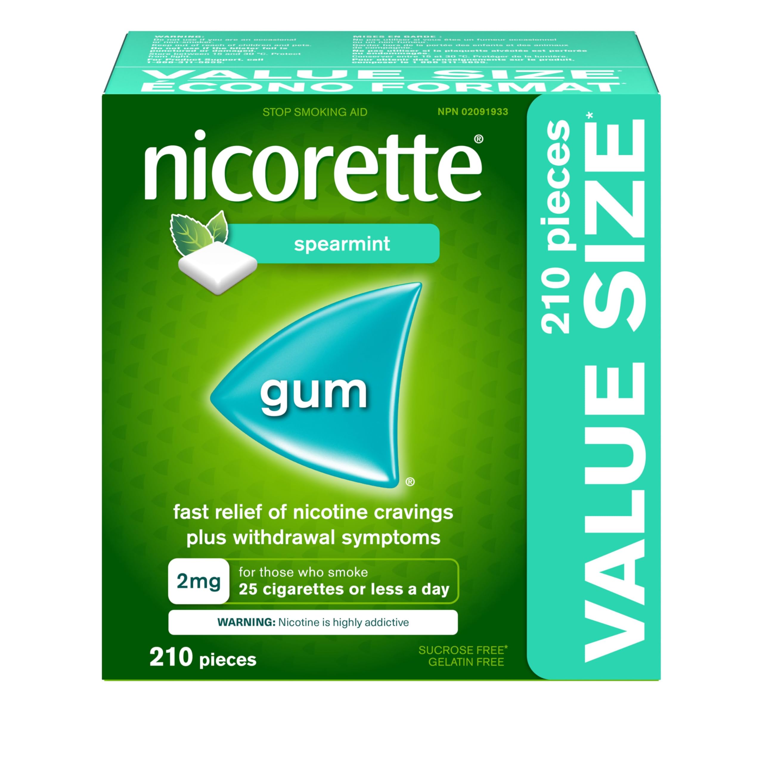 Nicorette Gum Smoking Cessation Product, Nicotine Replacement Therapy Aid for Adults, Doubles Quit Success, Spearmint Flavour, 2mg, 210 Pieces 🍁 All In One Marketplace Canada