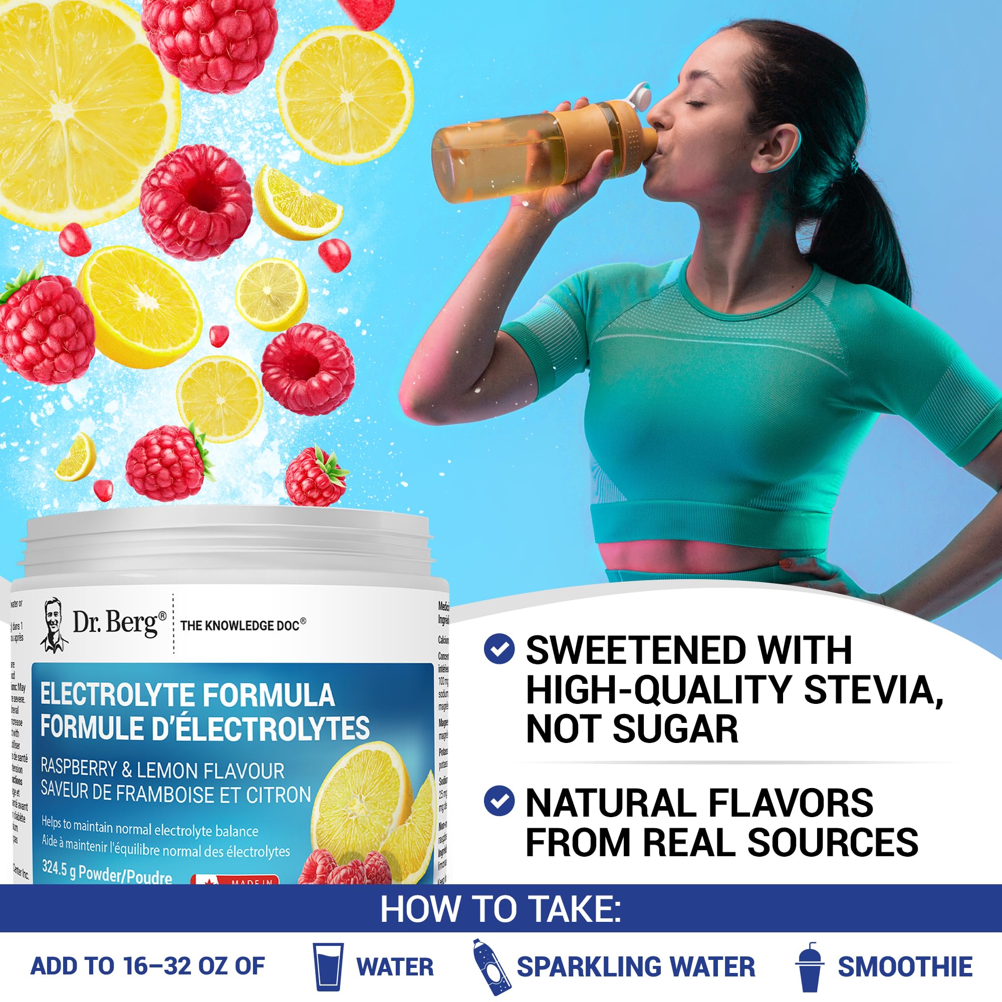 Dr. Berg Electrolytes Powder No Sugar - Enhanced w/ 1000 mg of Potassium & Real Sea Salt - Zero Sugar Electrolyte Powder - Raspberry & Lemon Flavor Hydration Powder Electrolytes - 50 Servings 🍁 All In One Marketplace Canada