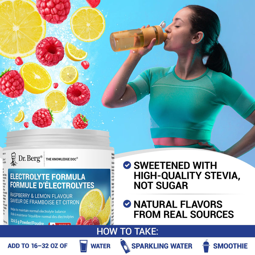 Dr. Berg Electrolytes Powder No Sugar - Enhanced w/ 1000 mg of Potassium & Real Sea Salt - Zero Sugar Electrolyte Powder - Raspberry & Lemon Flavor Hydration Powder Electrolytes - 50 Servings 🍁 All In One Marketplace Canada