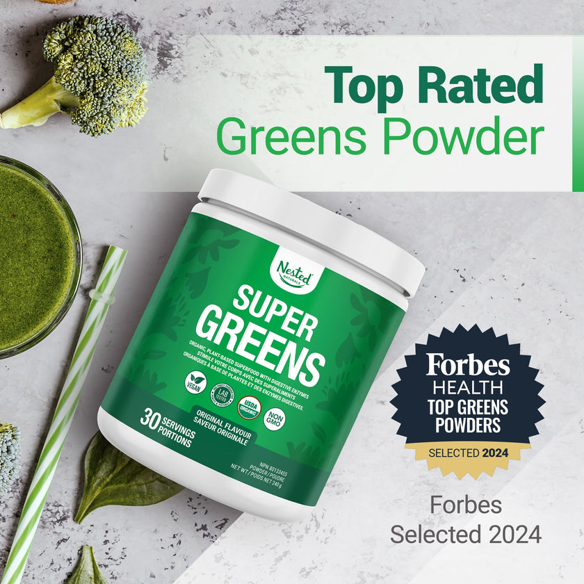 Nested Naturals Super Greens Powder - Organic Daily Greens Superfood Powder w/ 20+ Whole Foods, Spirulina, Wheat Grass & Barley Grass - Probiotics, Fiber & Enzymes - USDA Certified Organic, Original Flavour, 30 Servings 🍁 All In One Marketplace Canada