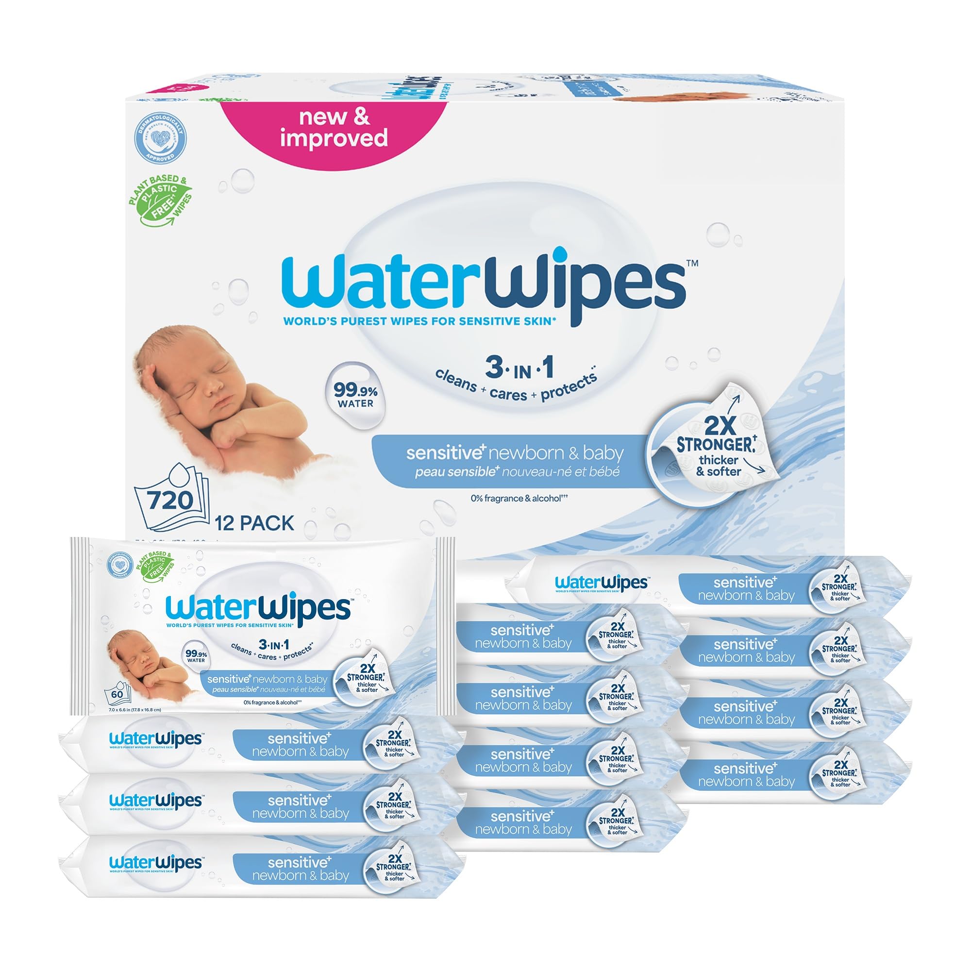 WaterWipes Sensitive+ Newborn & Baby Wipes, 3-In-1 Cleans, Cares, Protects, 99.9% Water, Unscented & Hypoallergenic, 720 Count (12 Packs) 🍁 All In One Marketplace Canada