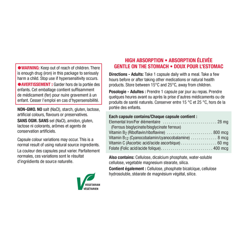Jamieson Iron 28 mg, with Folic Acid, Vitamin B2, Vitamin B12, and Vitamin C, Helps Prevents Iron Deficiency, Provides Superior Absorption, and Gentle on the Stomach. Non-GMO, Gluten-Free, 150 Vegetarian Capsules 🍁 All In One Marketplace Canada