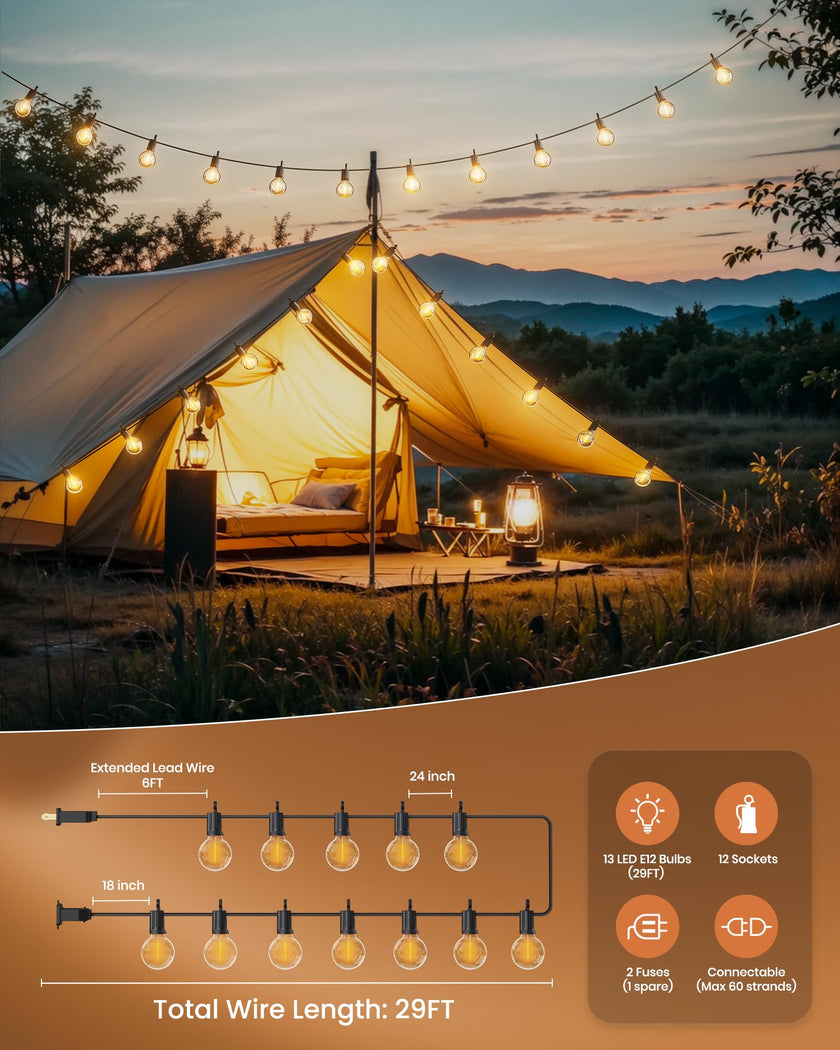 Outdoor String Lights 25 Feet G40 Globe LEDs Patio Lights with 13 Edison LED Bulbs(1 Spare), Waterproof Connectable Hanging Light for Backyard Porch Balcony Party Decor, E12 Socket Base, Black 🍁 All In One Marketplace Canada