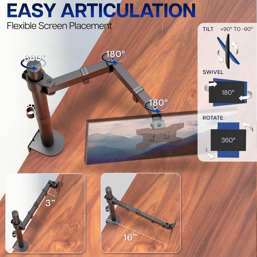 VIVO Single Monitor Arm Desk Mount, Holds Screens up to 32 inch Regular and 38 inch Ultrawide, Fully Adjustable Stand with C-Clamp and Grommet Base, VESA 75x75mm or 100x100mm, Black, STAND-V001 🍁 All In One Marketplace Canada