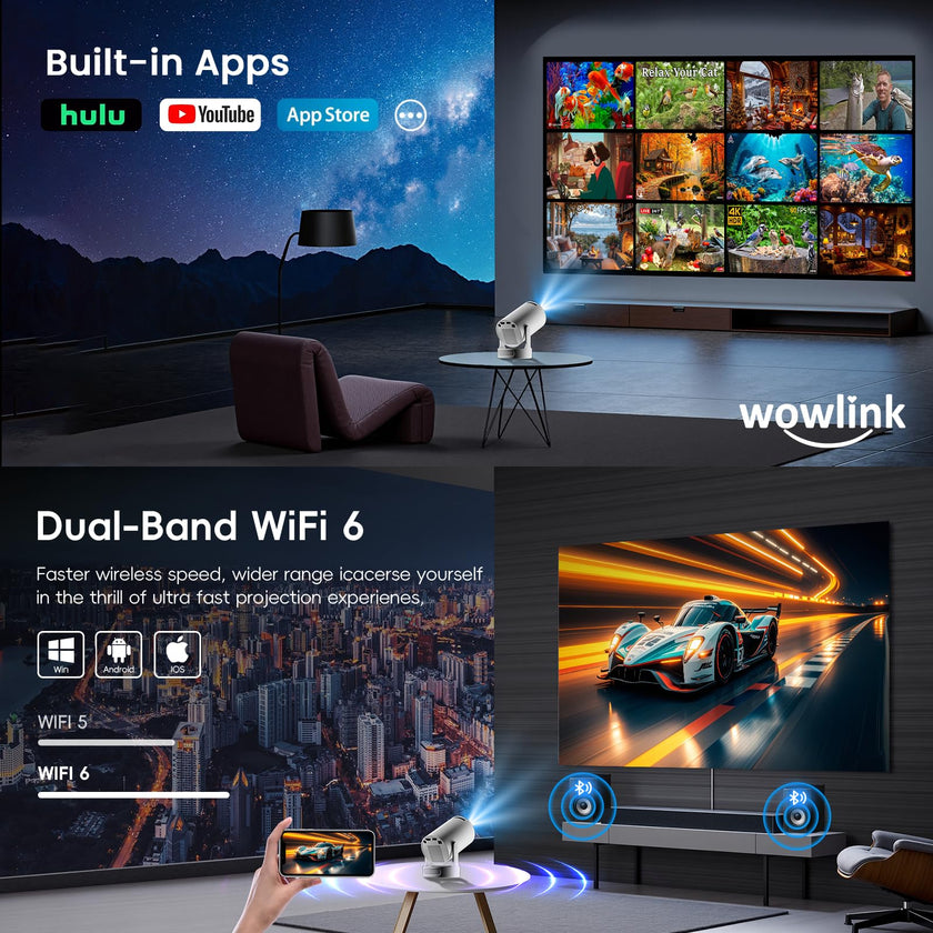 [Built-in Apps & 2026 Upgraded] Mini Projector with WiFi 6 and Bluetooth 5.4 Support 4K 1080P Auto Keystone 180° Rotatable Projector Portable Compatibile with HDMI/TV Stick/Memory Stick/Laptop, White 🍁 All In One Marketplace Canada