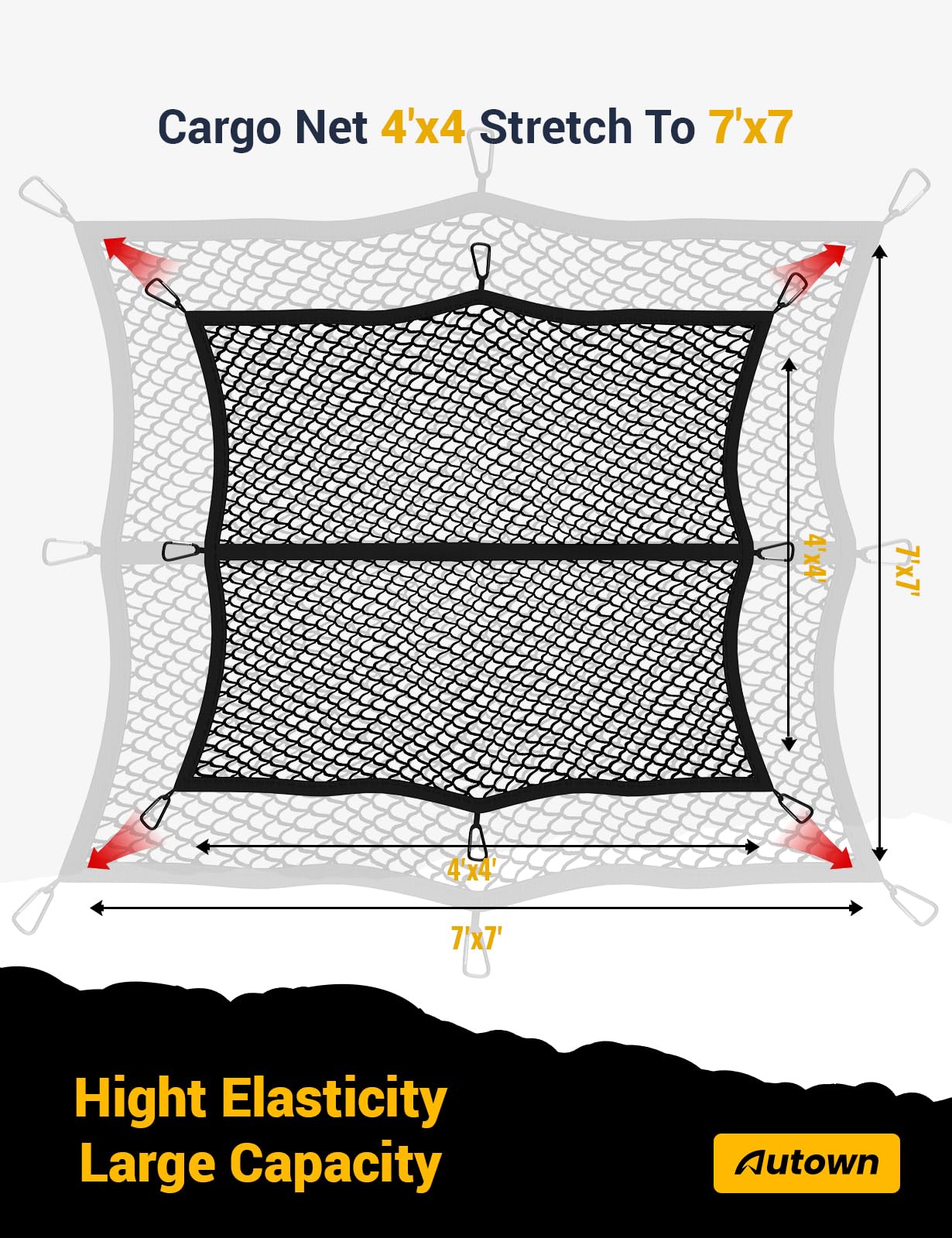 AUTOWN Cargo Net for Pickup Truck Bed - Stretchable 4'x4' to 7'x7', High Elastic Fine Mesh 1''x1'' with 8 Metal Carabiners - Ideal for ATV, SUV, UTV, Truck and Boat Use (Single Layer) 🍁 All In One Marketplace Canada